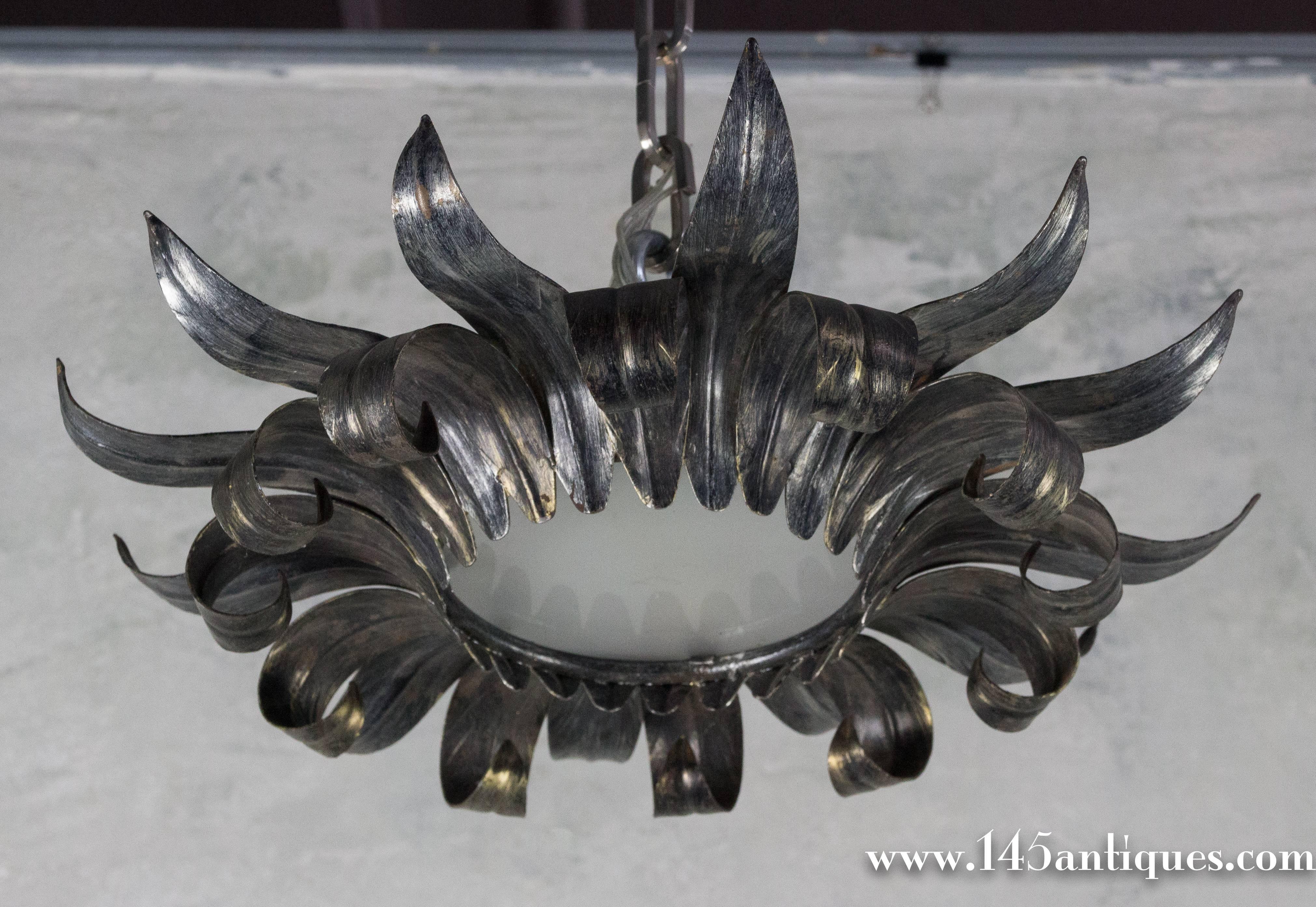 French 1950's silvered curved sunburst ceiling fixture with sandblasted glass. 

UL wiring and matching canopy included in purchase price. Please allow 3 weeks for wiring. UPS Shipping quote available on request.