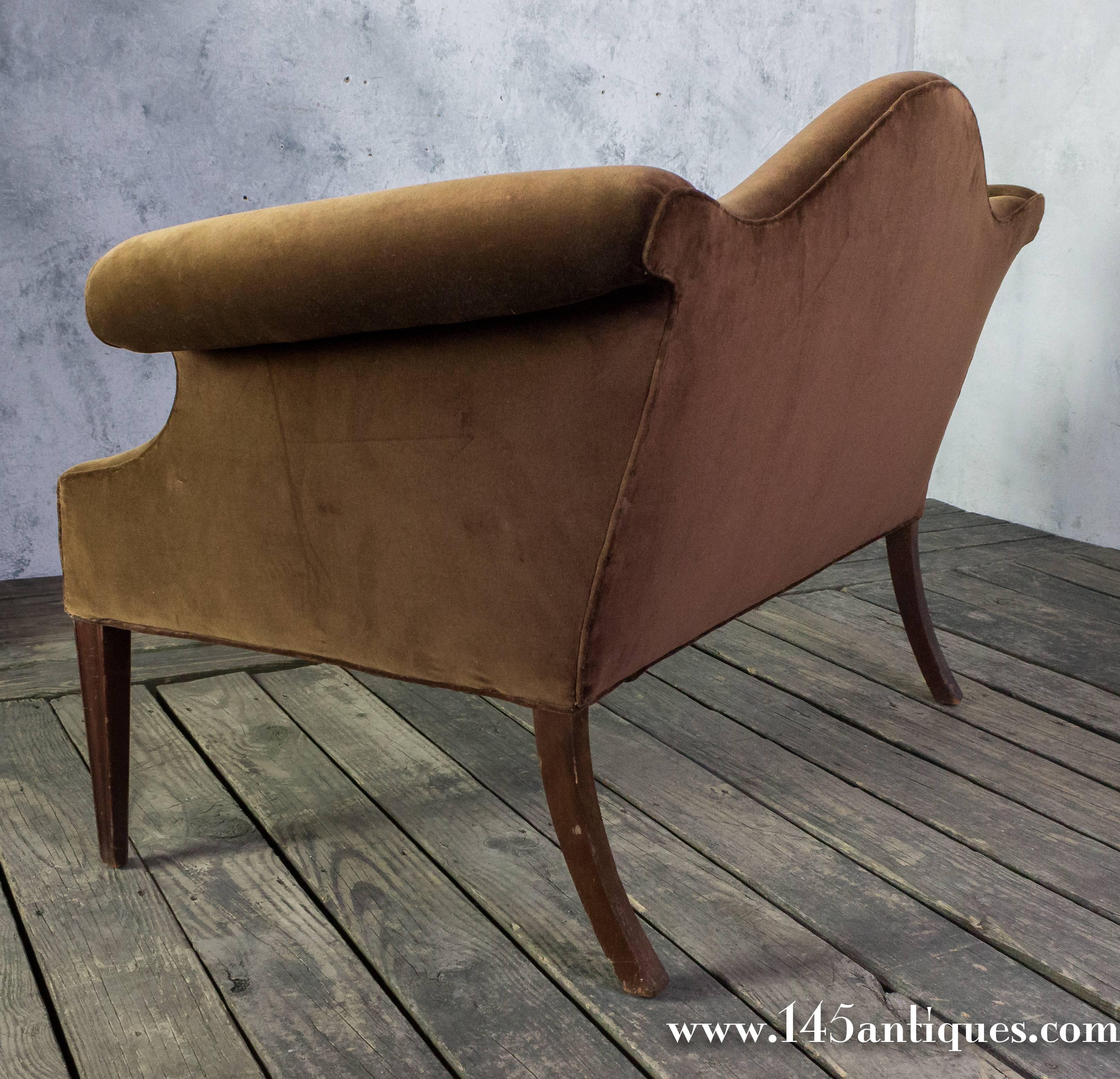 1920s American Brown Velvet Upholstered Settee  1