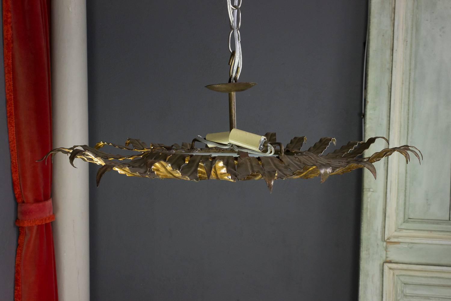 Mid-20th Century Brilliant Gilt Metal Sunburst Ceiling Fixture with Frosted Glass