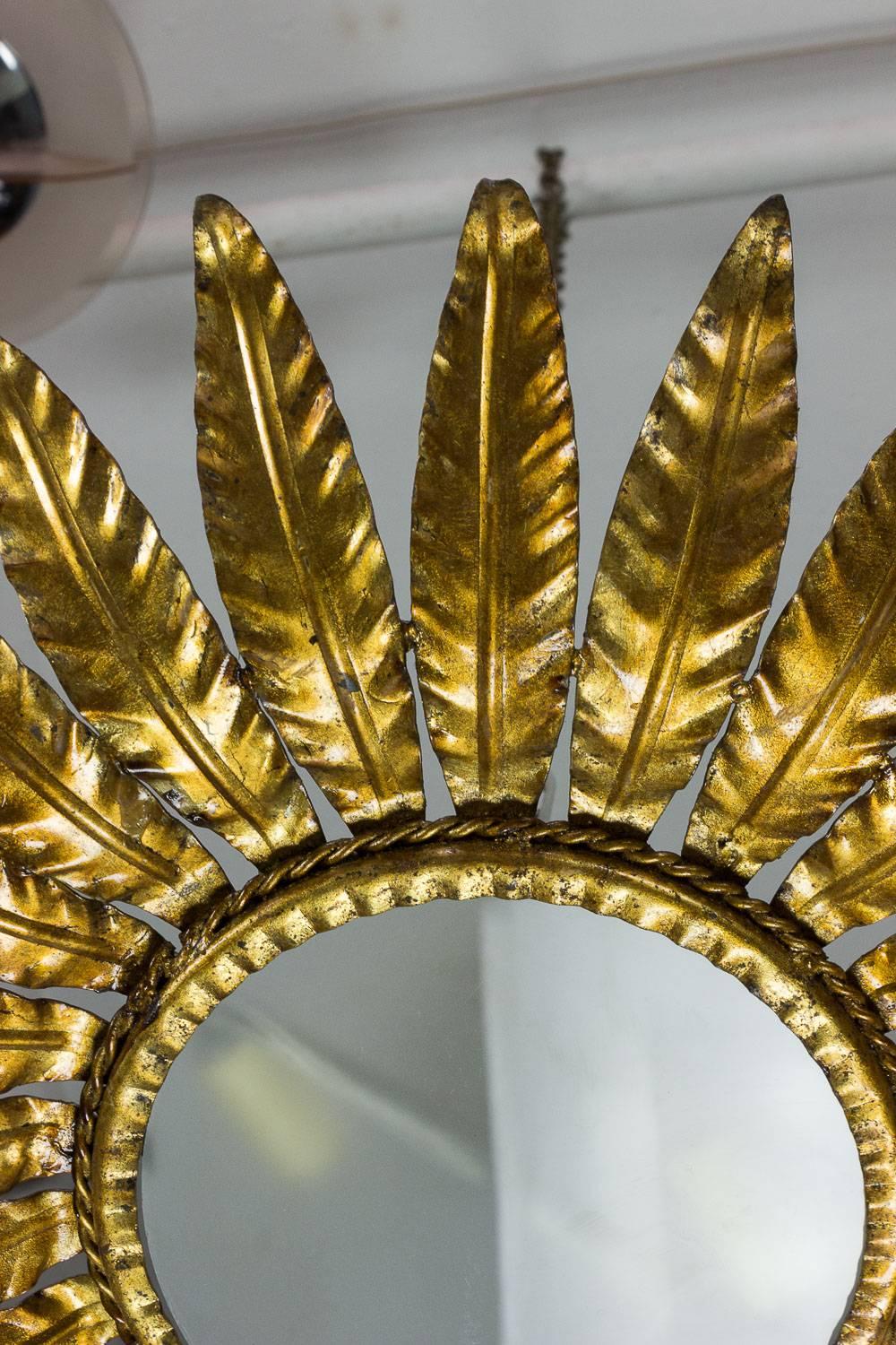 Spanish Brilliant Gilt Metal Sunburst Ceiling Fixture with Frosted Glass