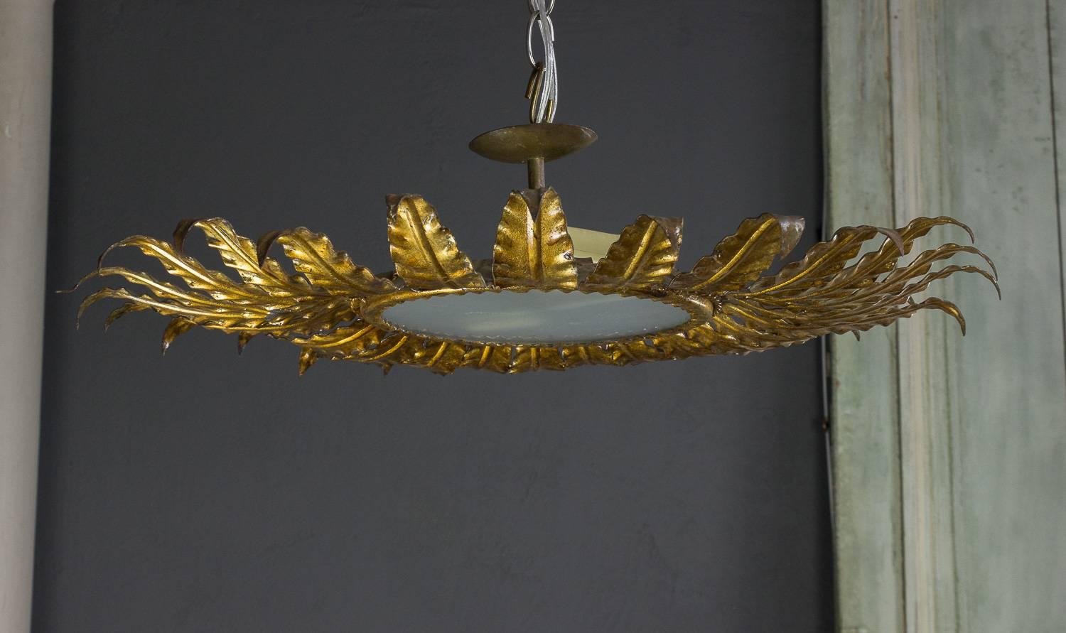 Brilliant Gilt Metal Sunburst Ceiling Fixture with Frosted Glass 1