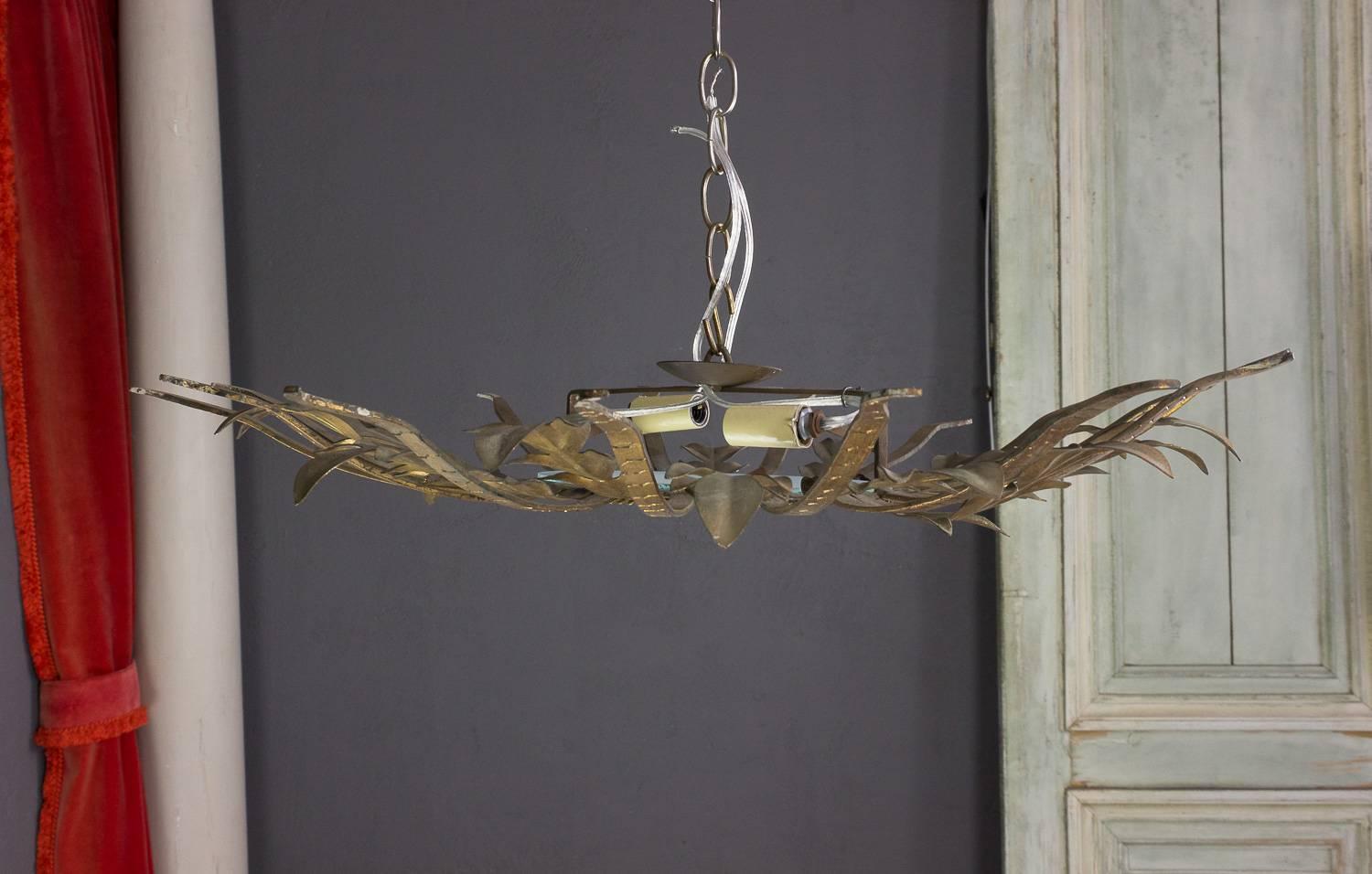 Spanish Gilt Metal Sunburst  Ceiling Fixture with Frosted Glass 6