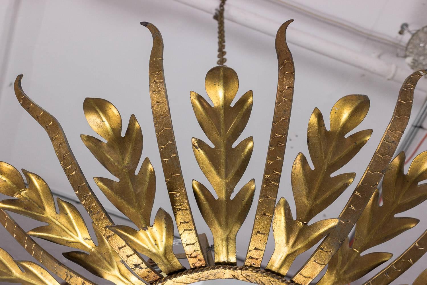 Spanish Gilt Metal Sunburst  Ceiling Fixture with Frosted Glass In Good Condition In Buchanan, NY