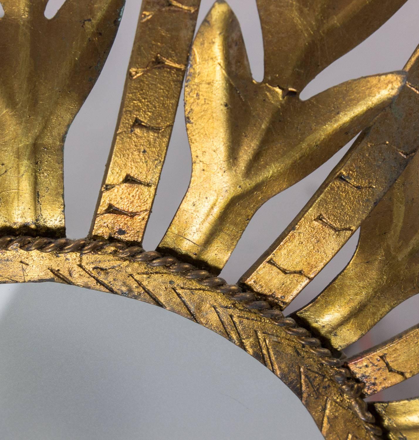 Mid-20th Century Spanish Gilt Metal Sunburst  Ceiling Fixture with Frosted Glass