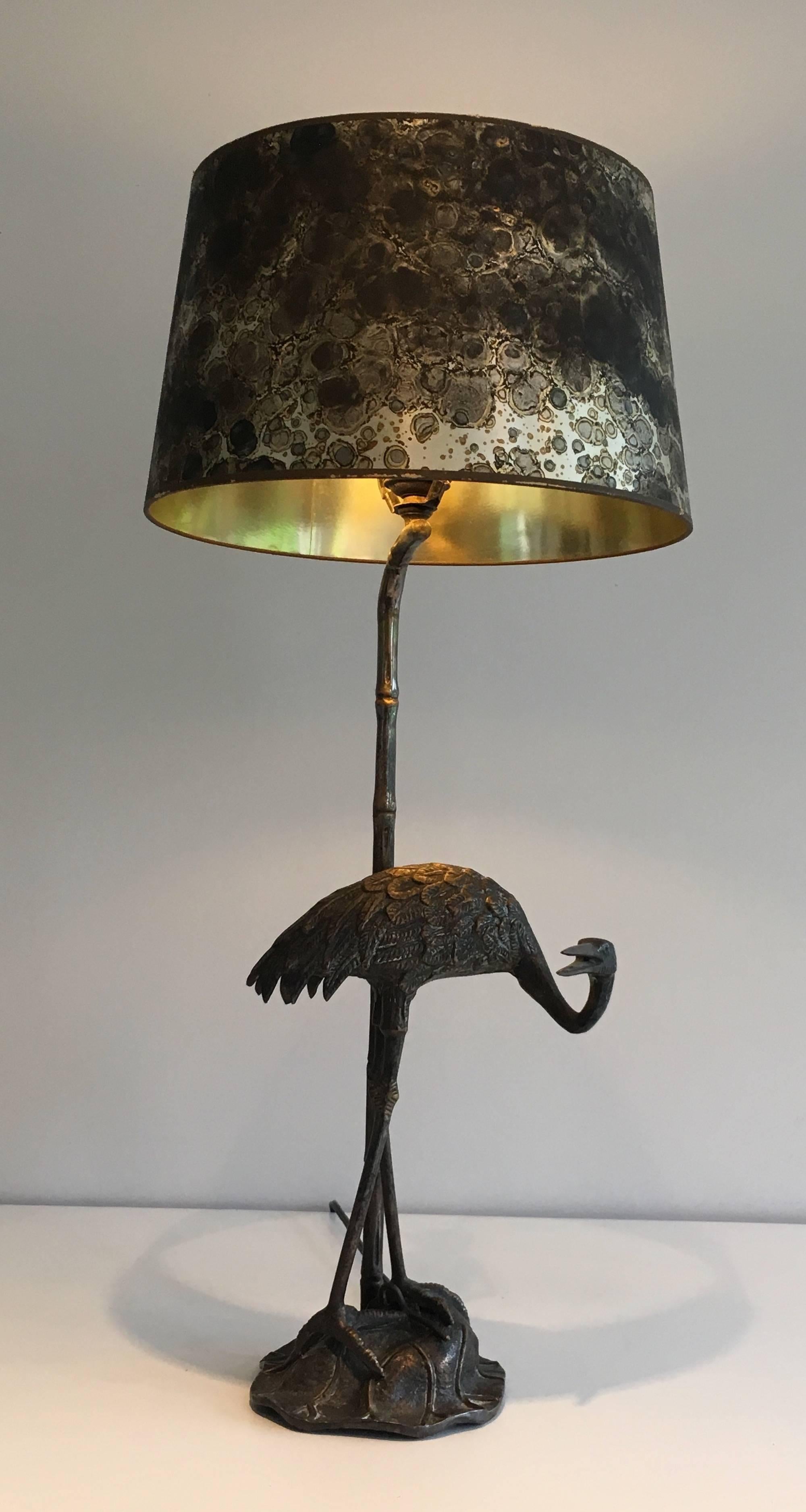 Silvered bronze Heron standing on faux-bamboo lamp by Maison Bagués, French, circa 1940s. This item is currently in France, please allow 2 to 4 weeks delivery to New York. Shipping costs from France to our warehouse in New York included in price.