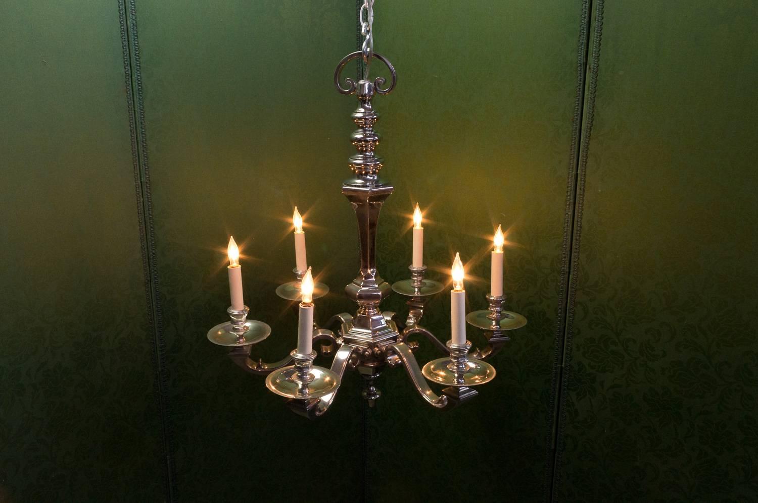 1940s French Nickel Plated Bronze Six-Arm Chandelier In Good Condition For Sale In Buchanan, NY