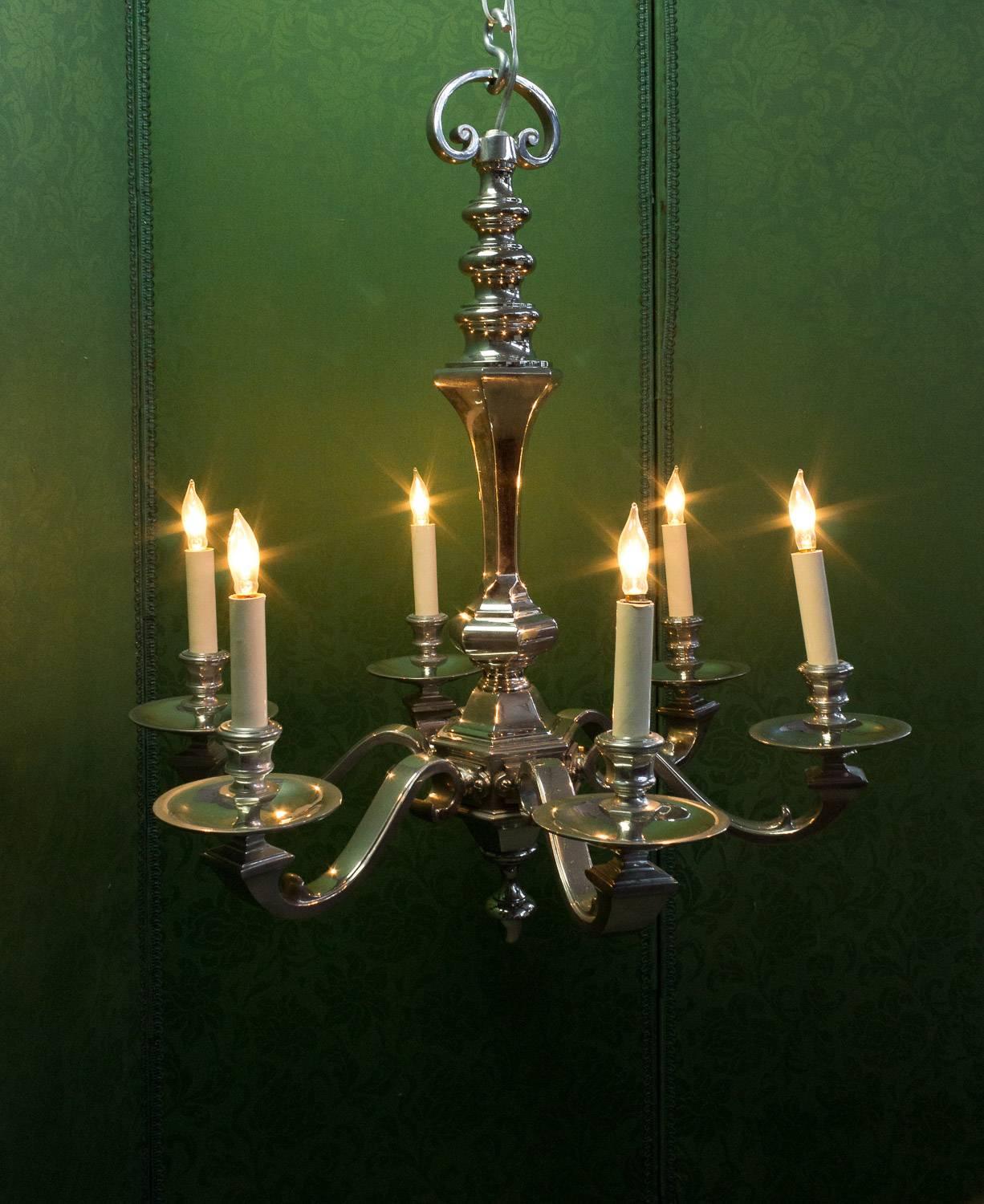 1940s French Nickel Plated Bronze Six-Arm Chandelier For Sale 4