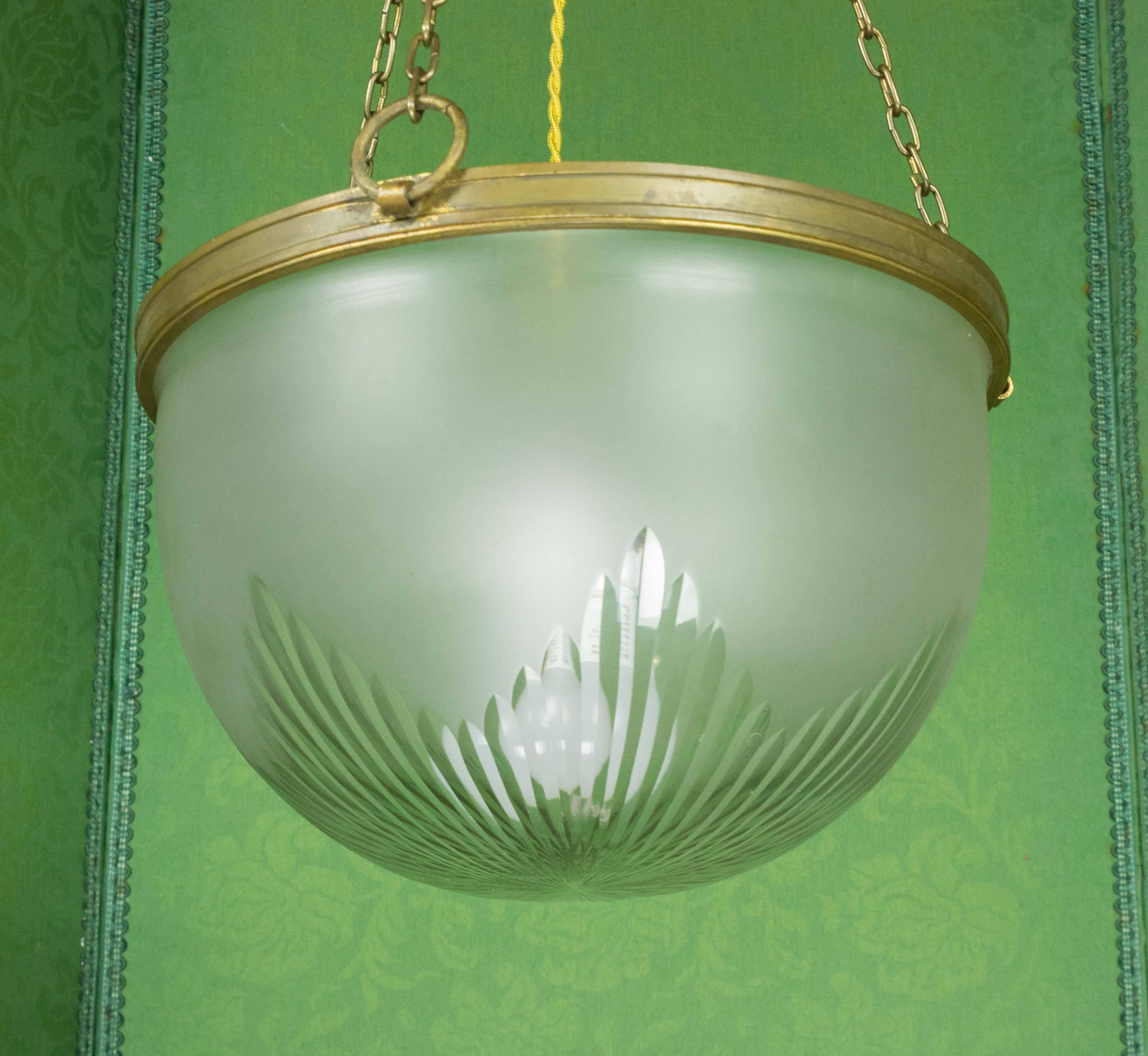 French Art Deco Suspended Fixture with Etched Glass In Good Condition In Buchanan, NY