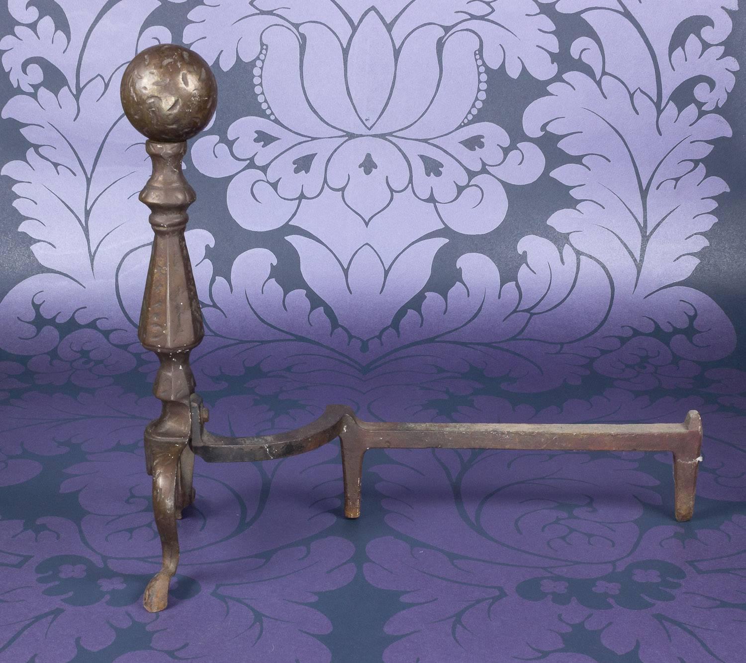 Early 20th Century Pair of Hammered Iron Andirons  For Sale