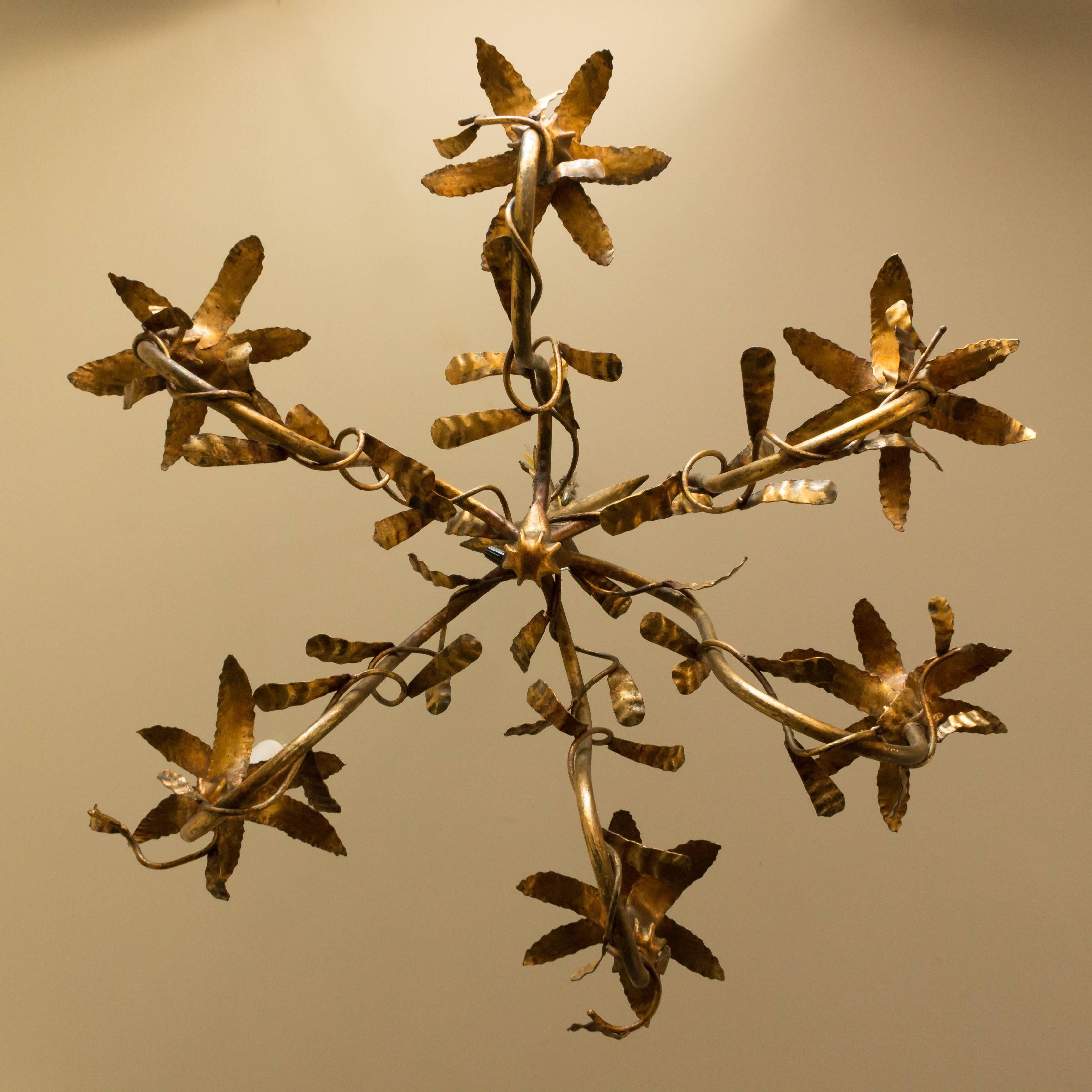 Small Spanish 1950s Gilt Metal Floral Chandelier In Good Condition For Sale In Buchanan, NY