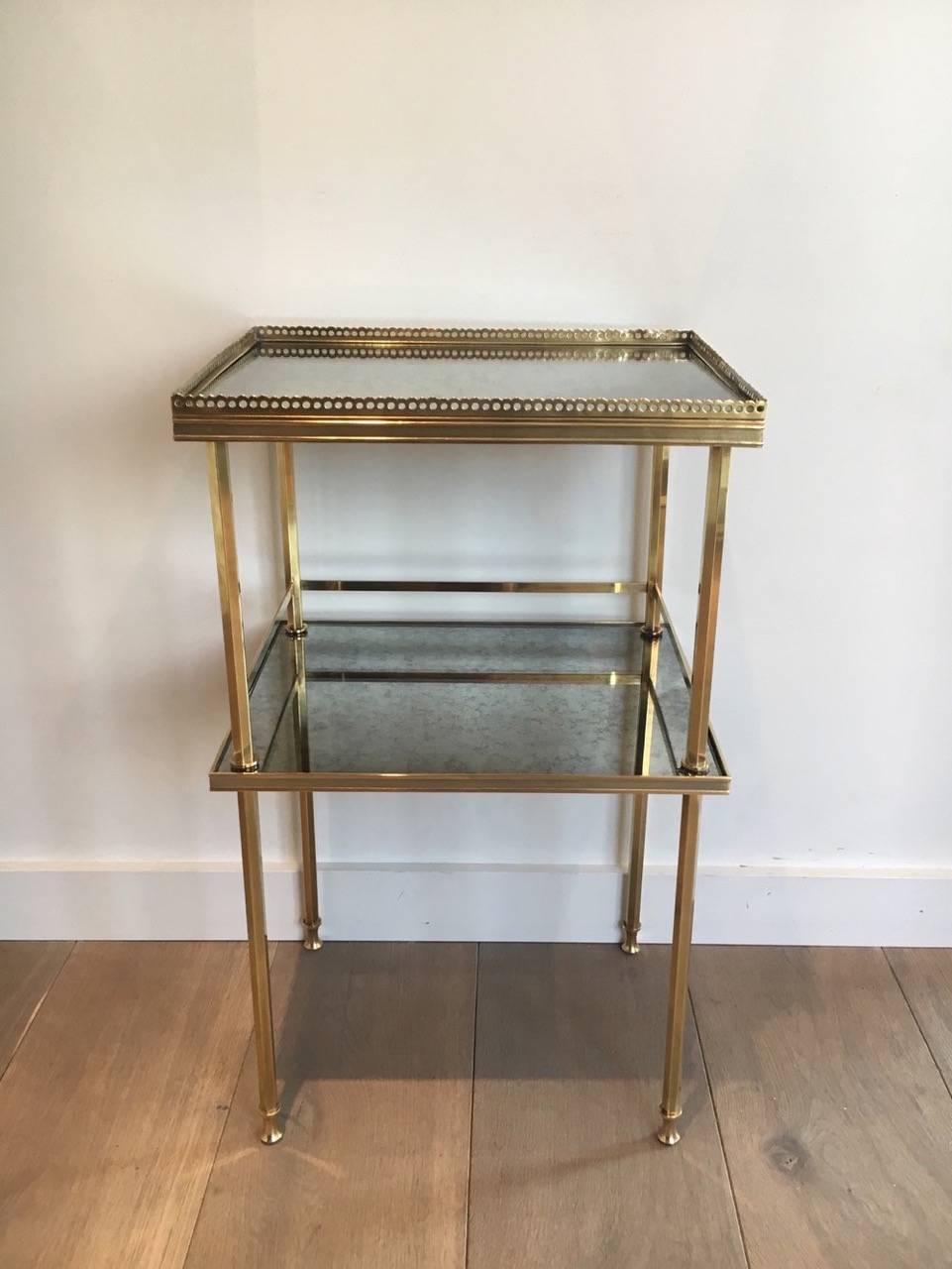 Pair of 1940s French brass side tables with eglomised mirror top attributed to Maison Jansen.