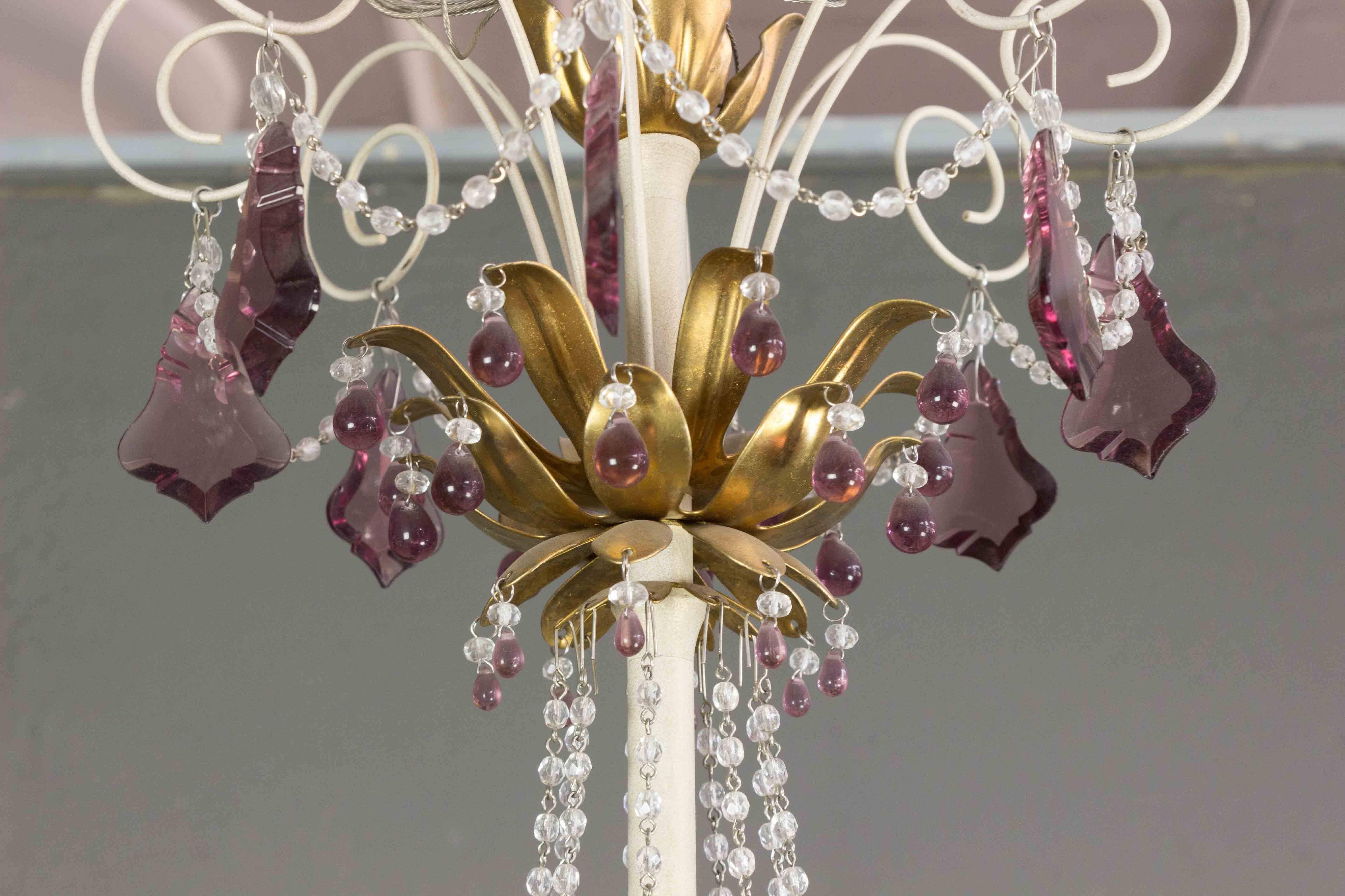 Mid-20th Century French 1960's Painted Metal Chandelier with Amethyst Colored Glass For Sale