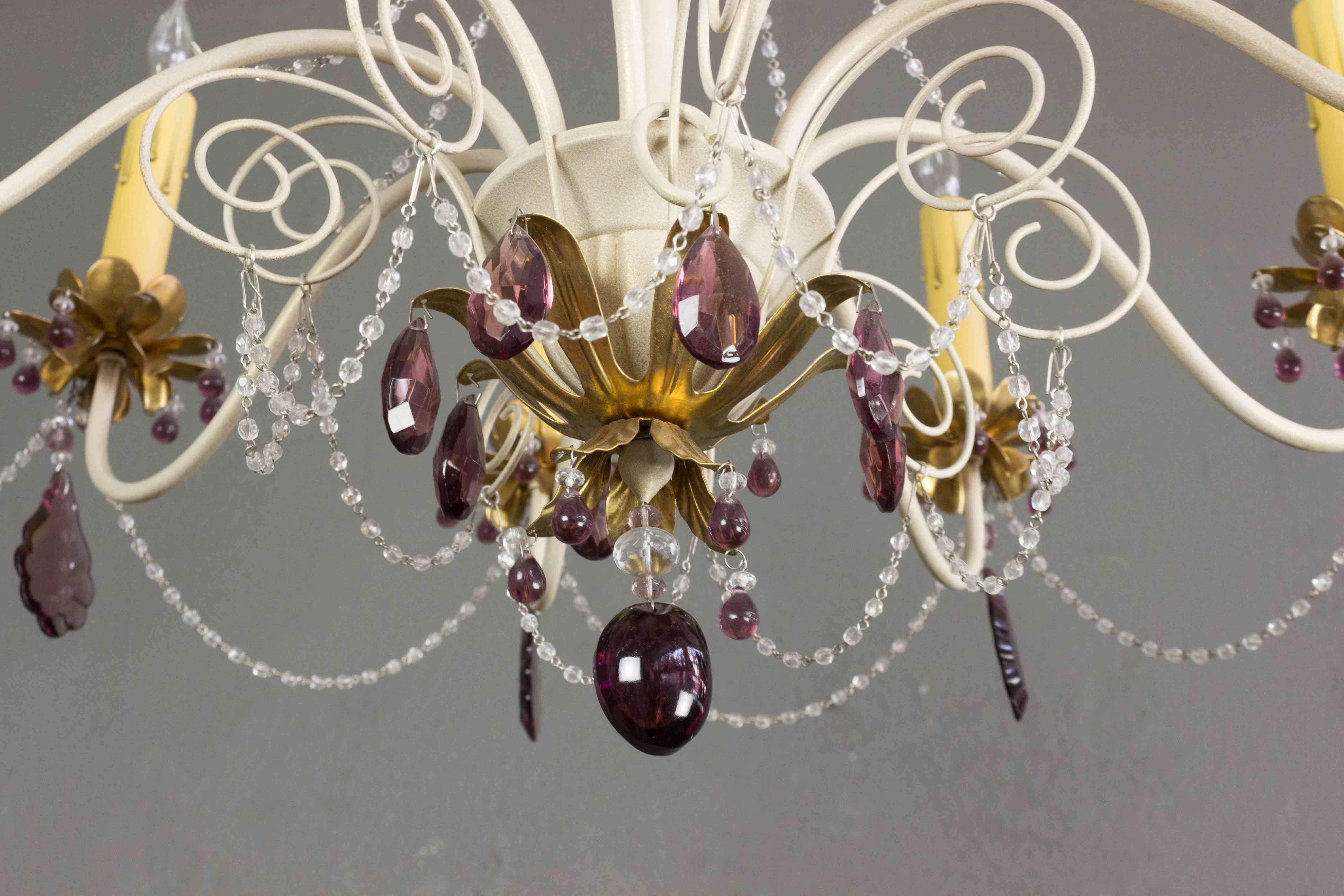 French 1960's Painted Metal Chandelier with Amethyst Colored Glass For Sale 1