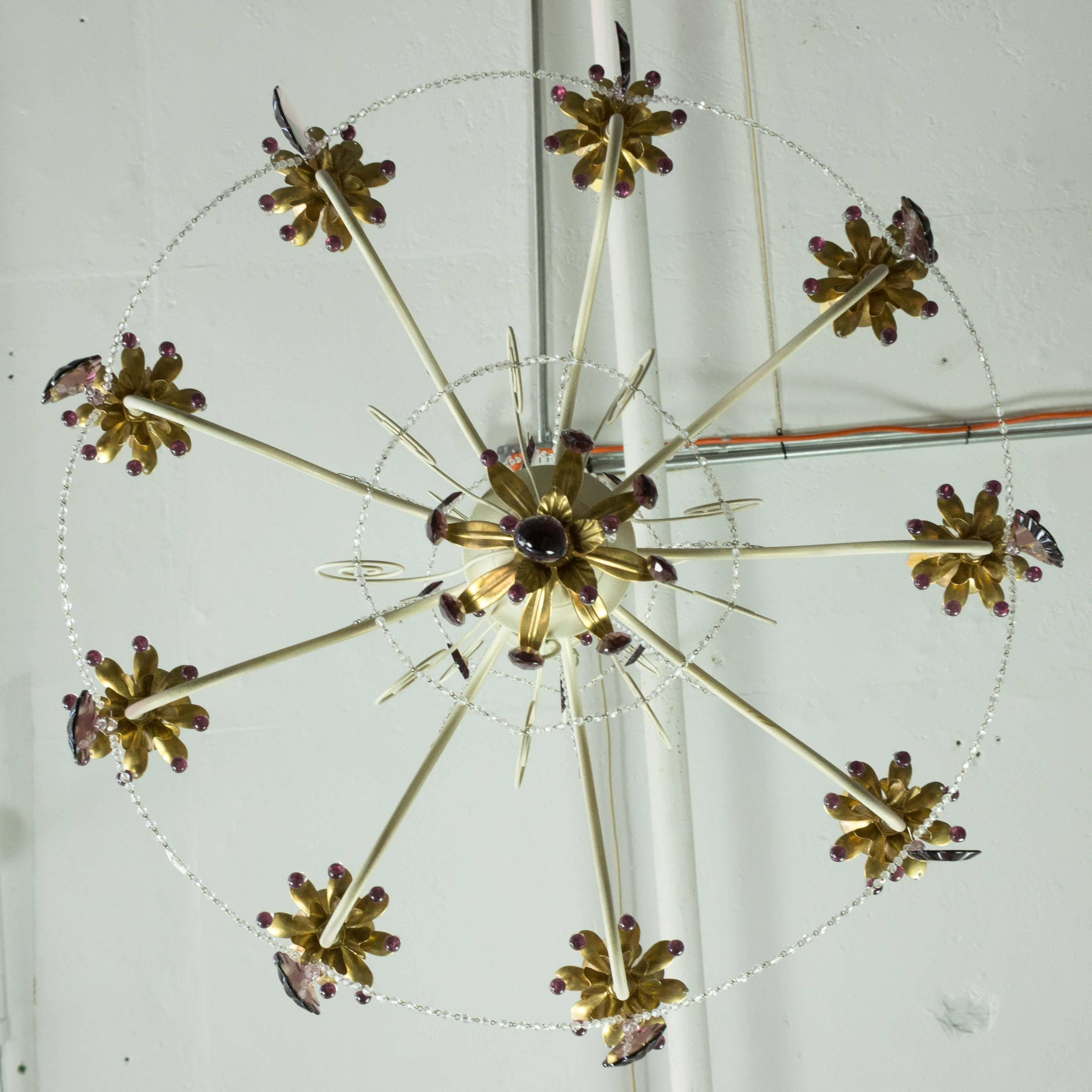 French 1960's Painted Metal Chandelier with Amethyst Colored Glass In Good Condition For Sale In Buchanan, NY