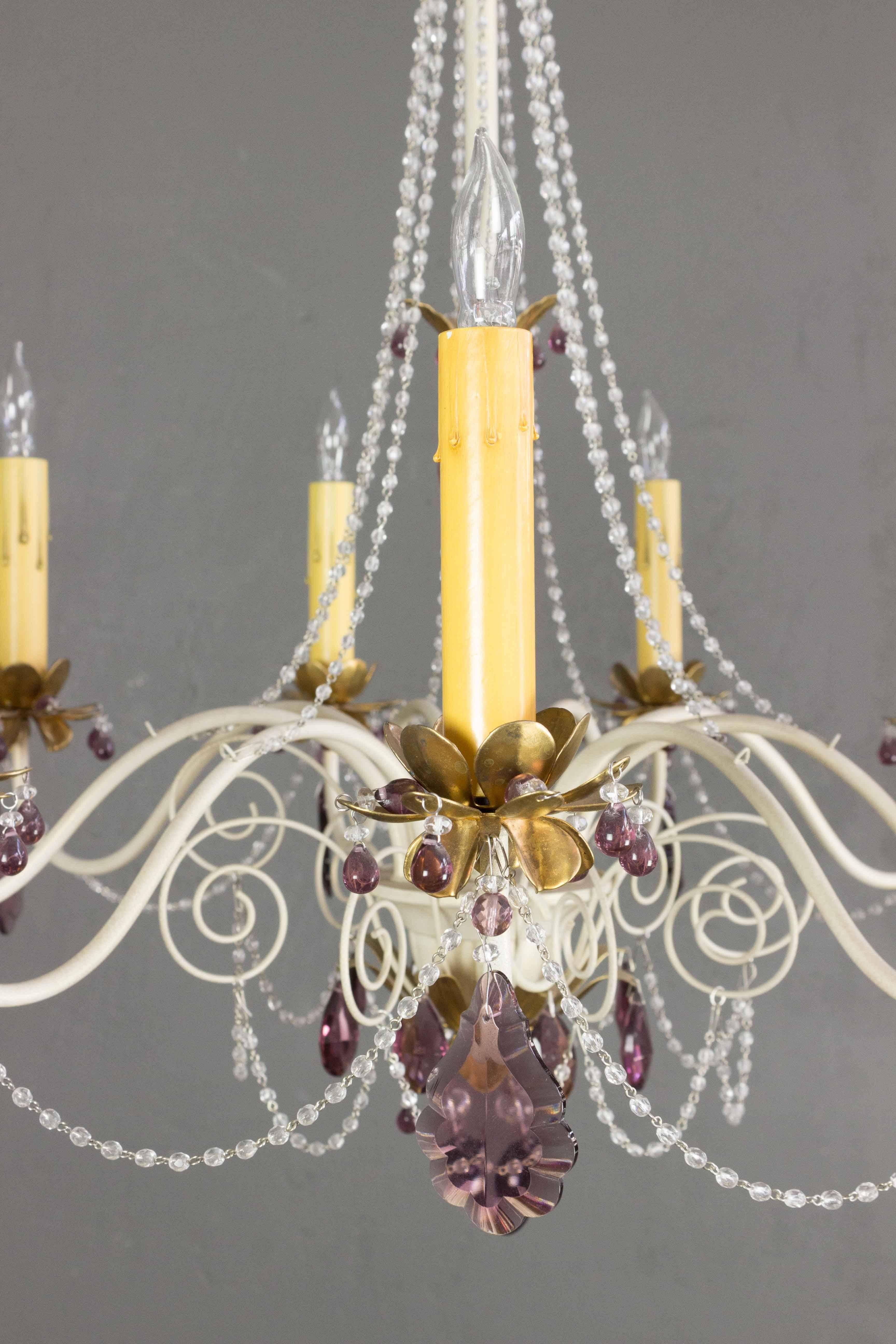 Italian French 1960's Painted Metal Chandelier with Amethyst Colored Glass For Sale