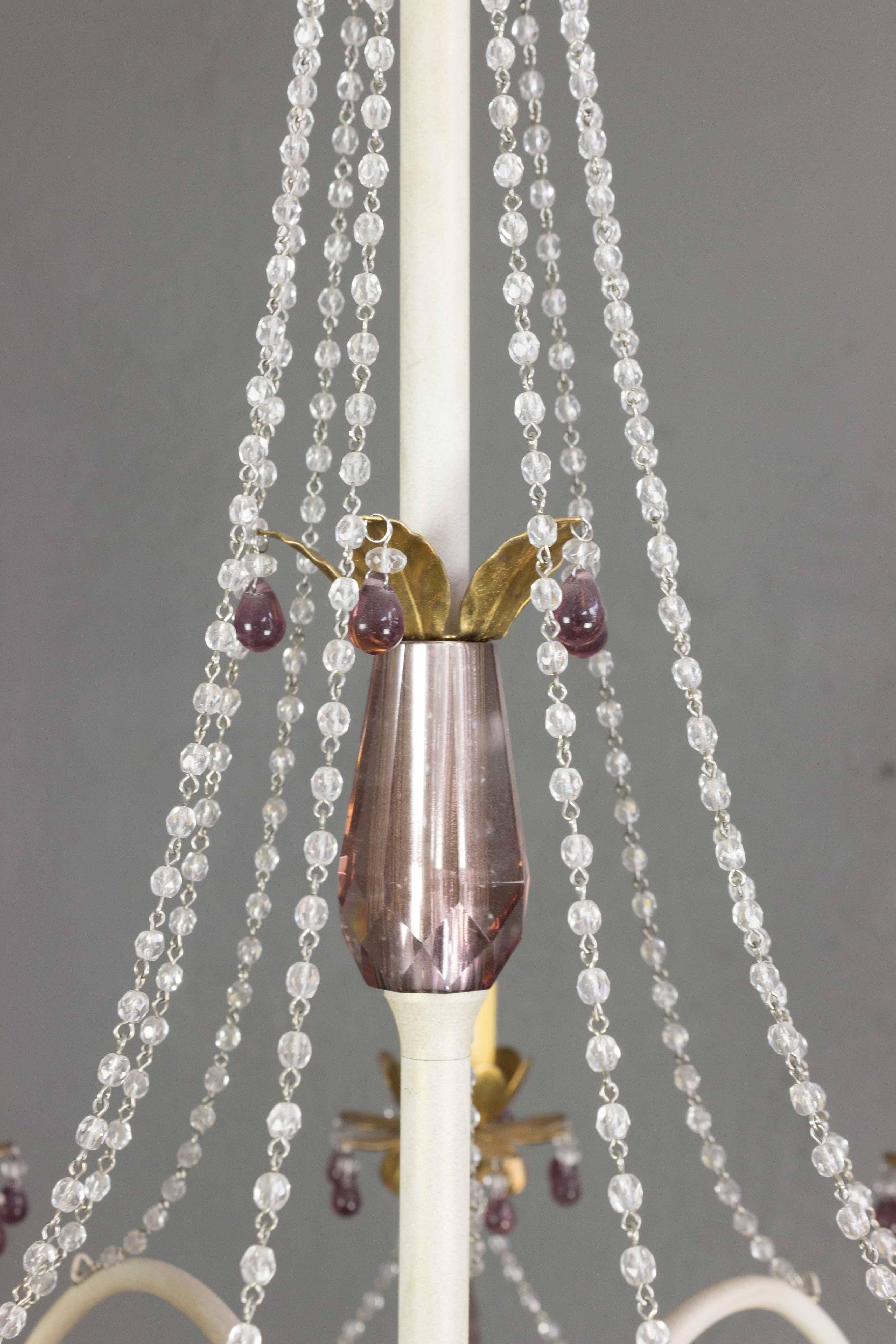 Cut Glass French 1960's Painted Metal Chandelier with Amethyst Colored Glass For Sale
