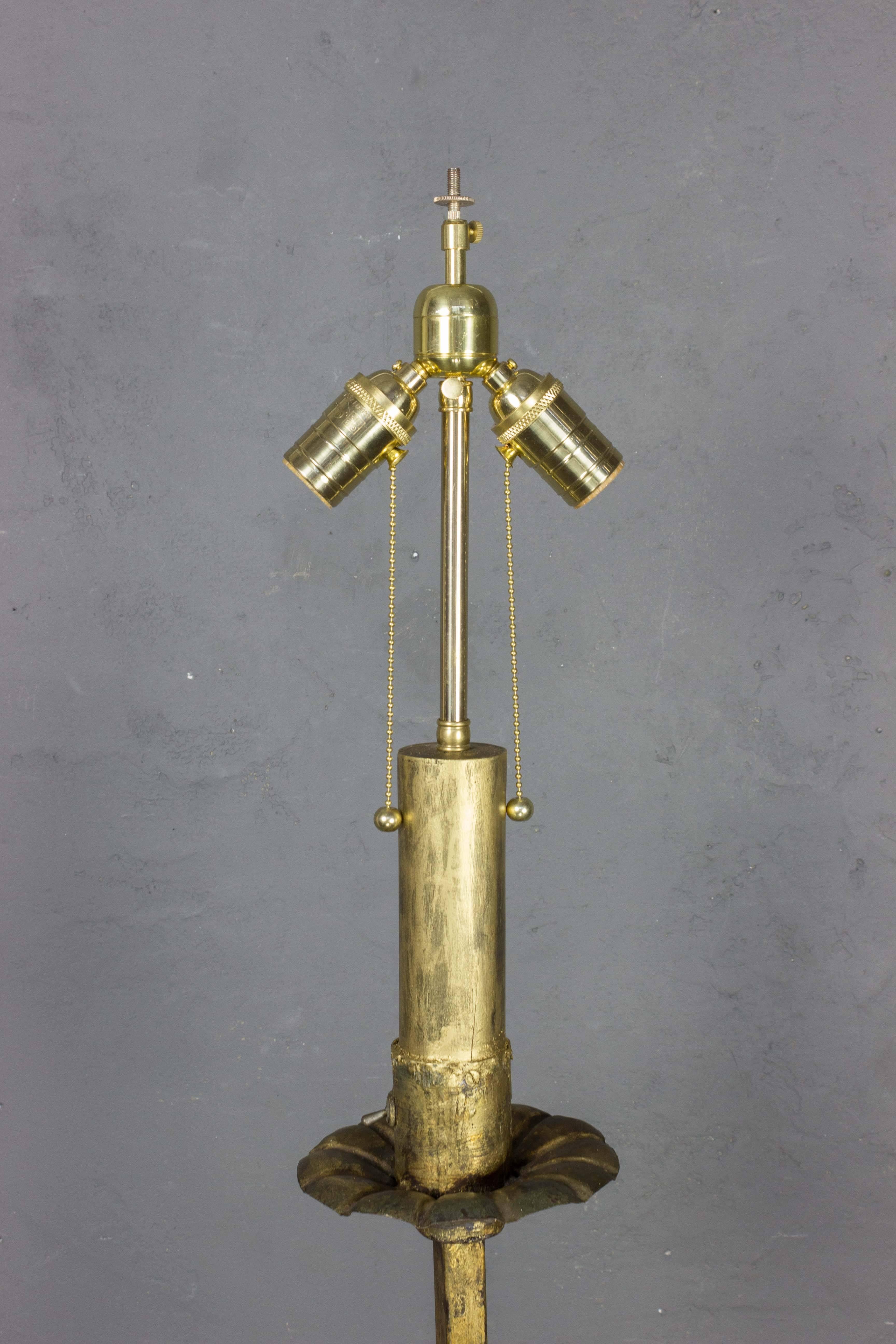 Mid-20th Century Pair of Gilt Iron Floor Lamps with Tripod Base