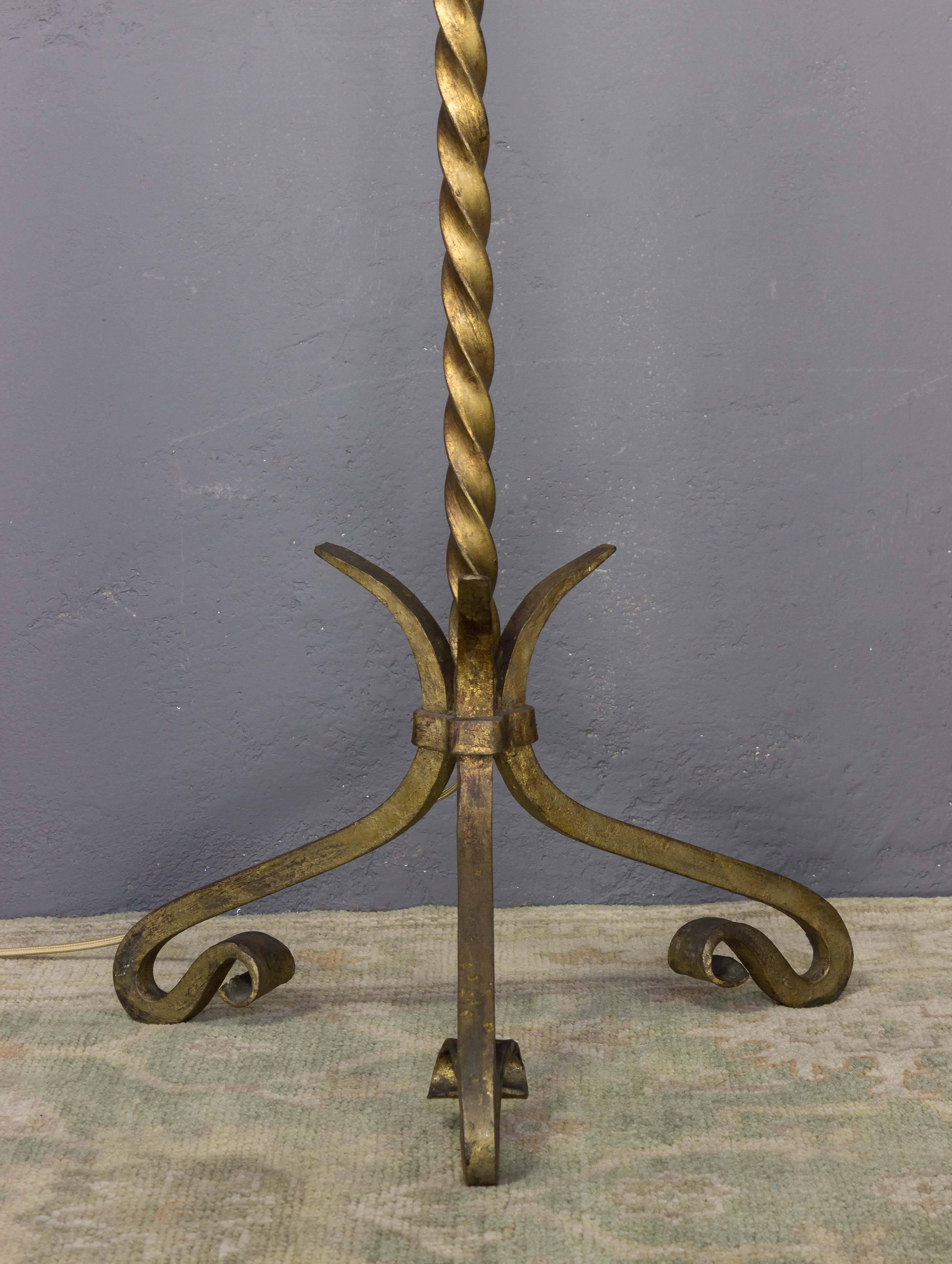 Neoclassical Pair of Gilt Iron Floor Lamps with Tripod Base