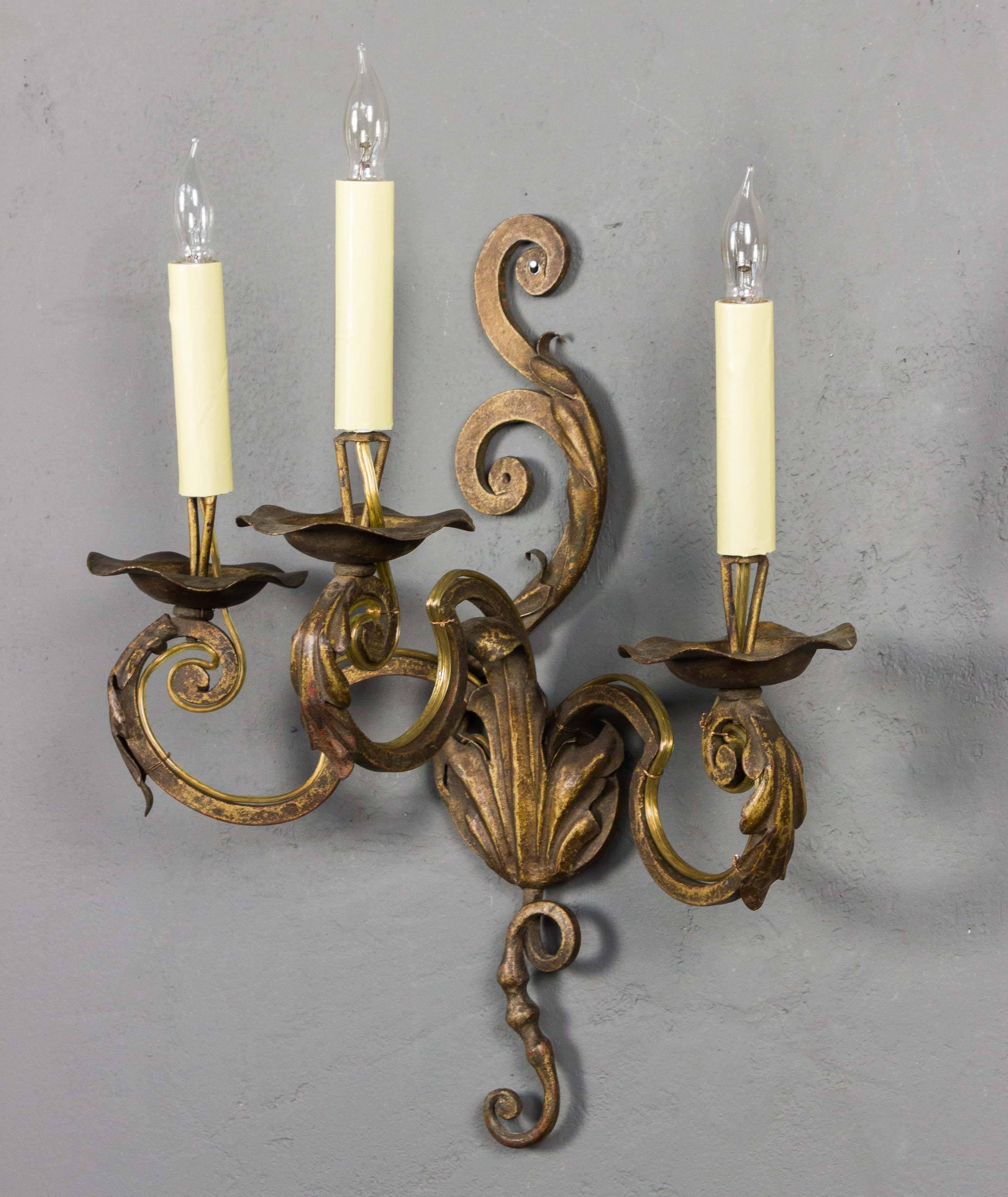 Early 20th Century Pair of French three-Arm Louis XV Style Sconces