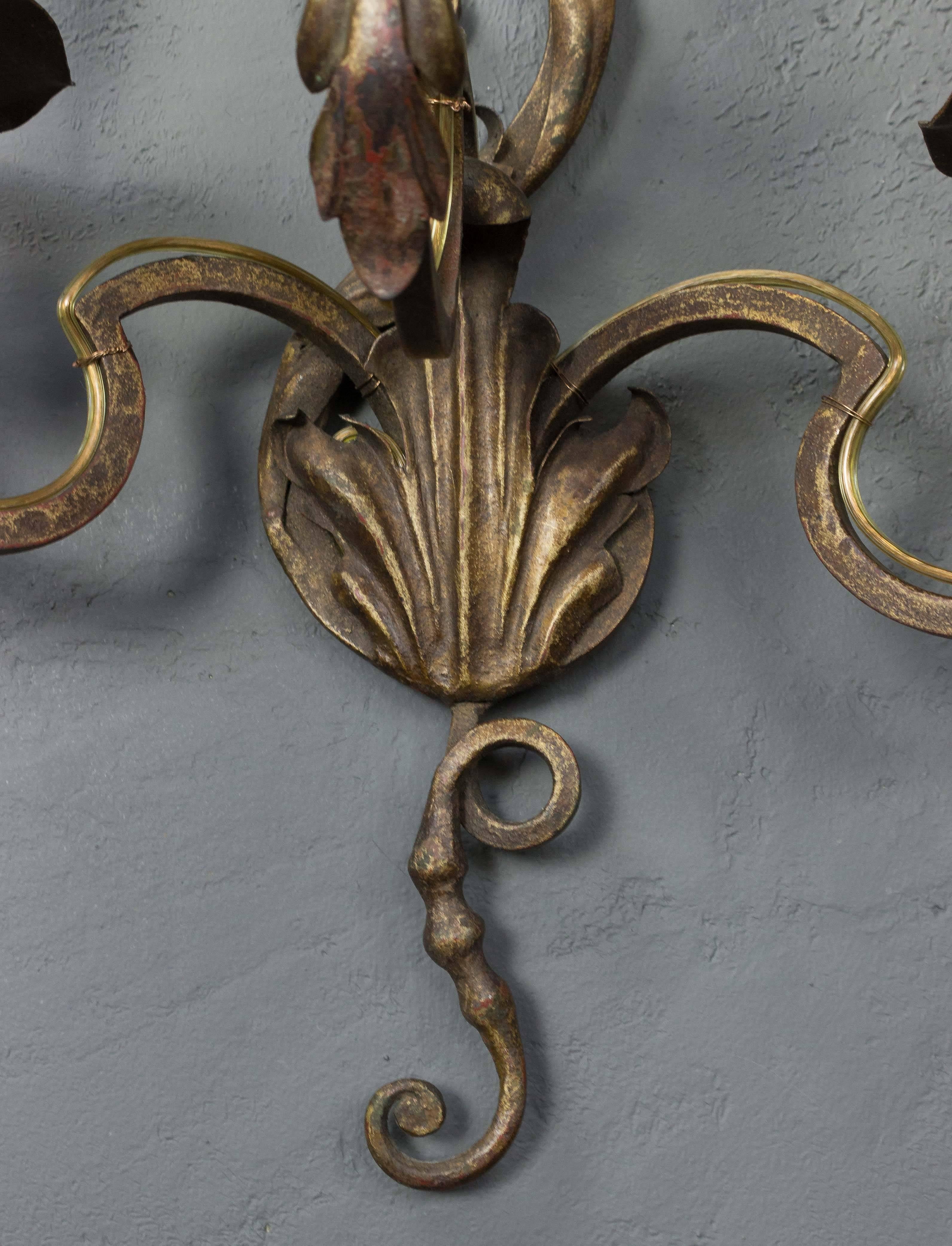 Wrought Iron Pair of French three-Arm Louis XV Style Sconces