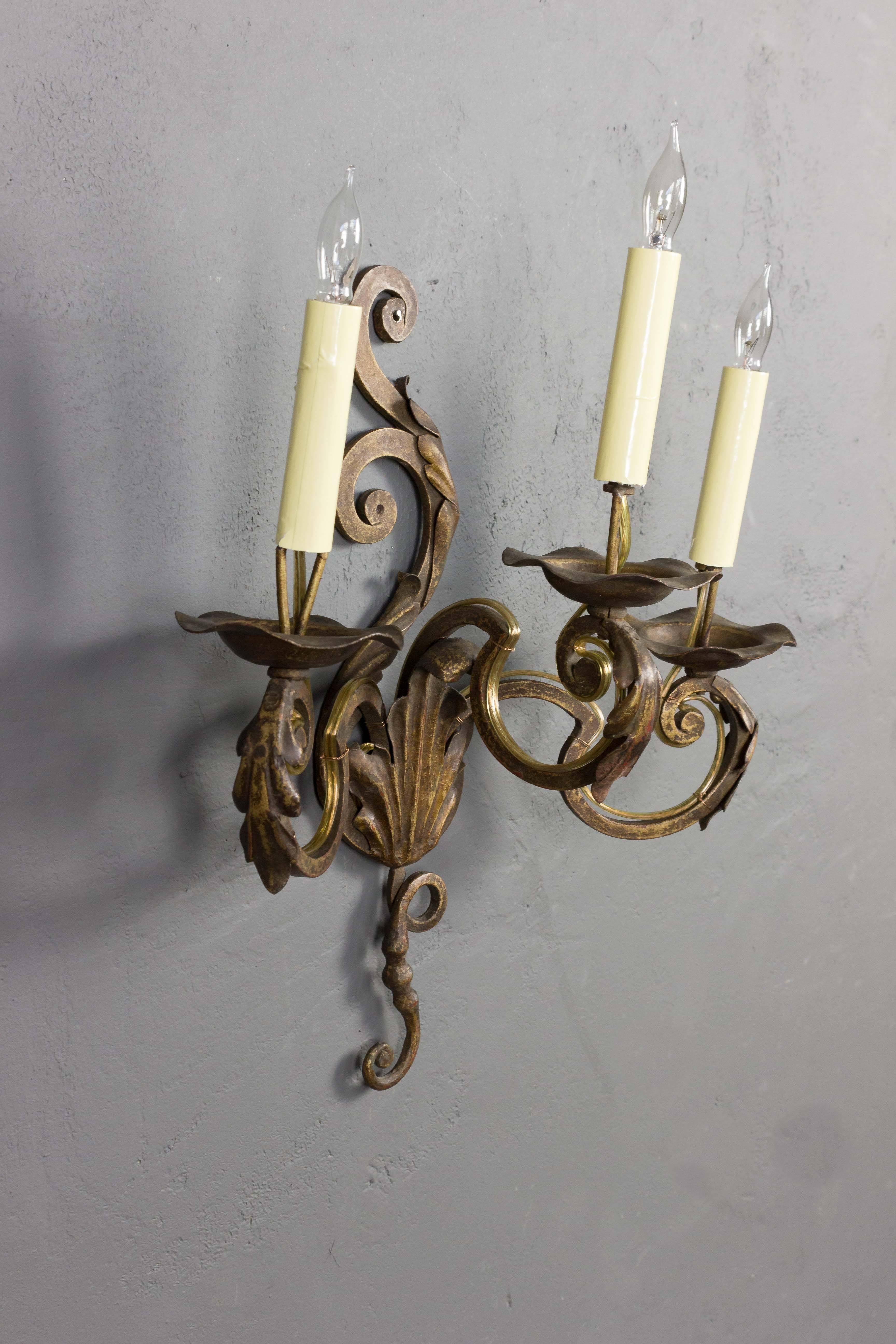 Pair of French three-Arm Louis XV Style Sconces In Excellent Condition In Buchanan, NY
