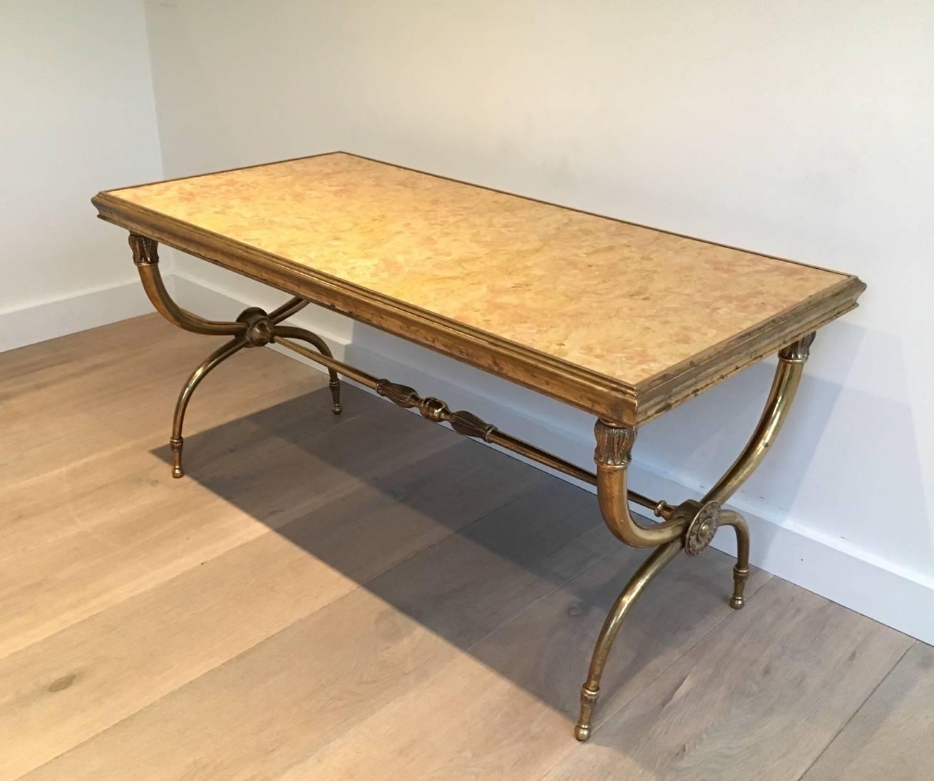 Neoclassical Brass and Marble Coffee Table Attributed to Raymond Subes