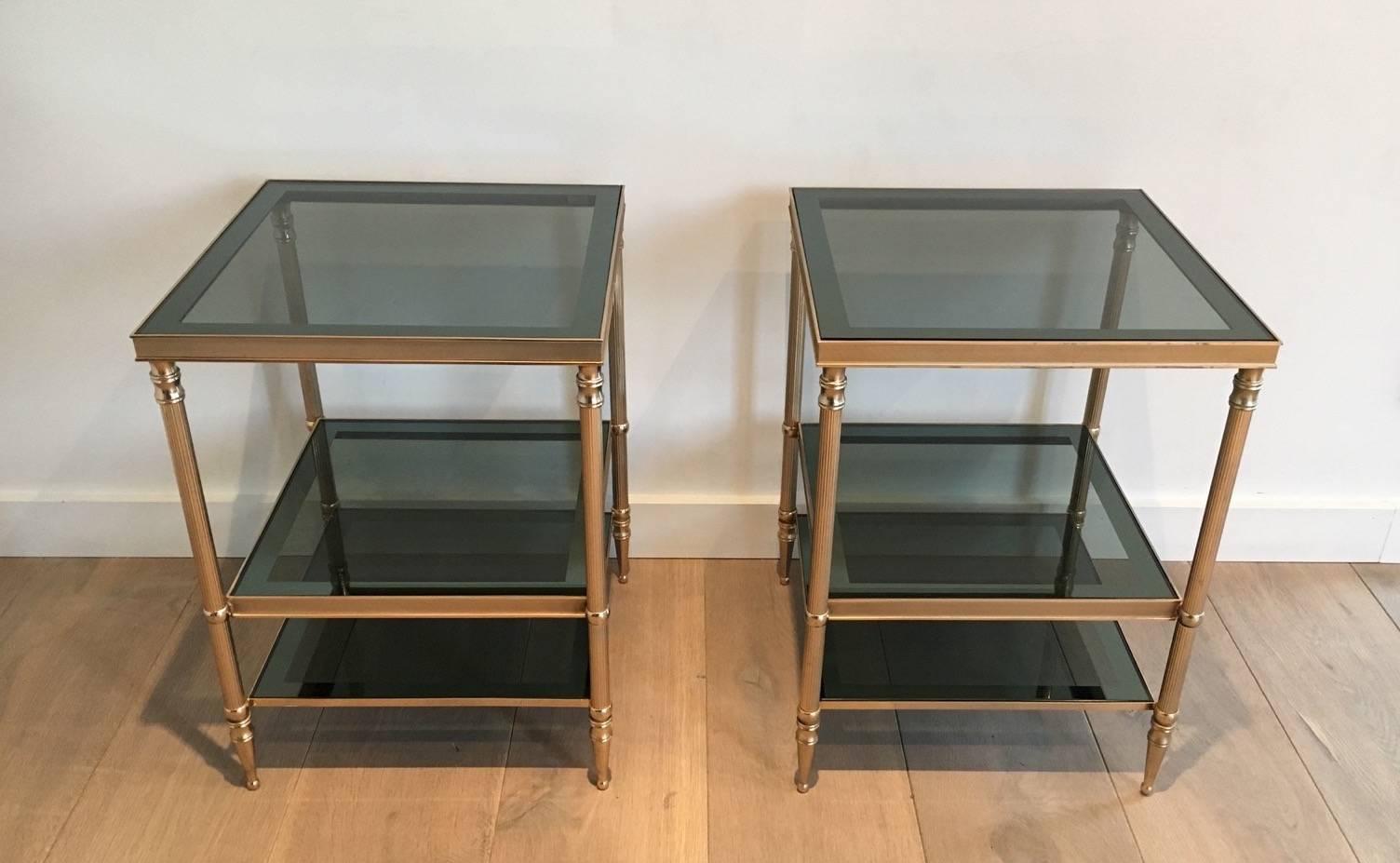 Mid-20th Century Pair of Jensen Style French Brass and Grey Glass End Tables
