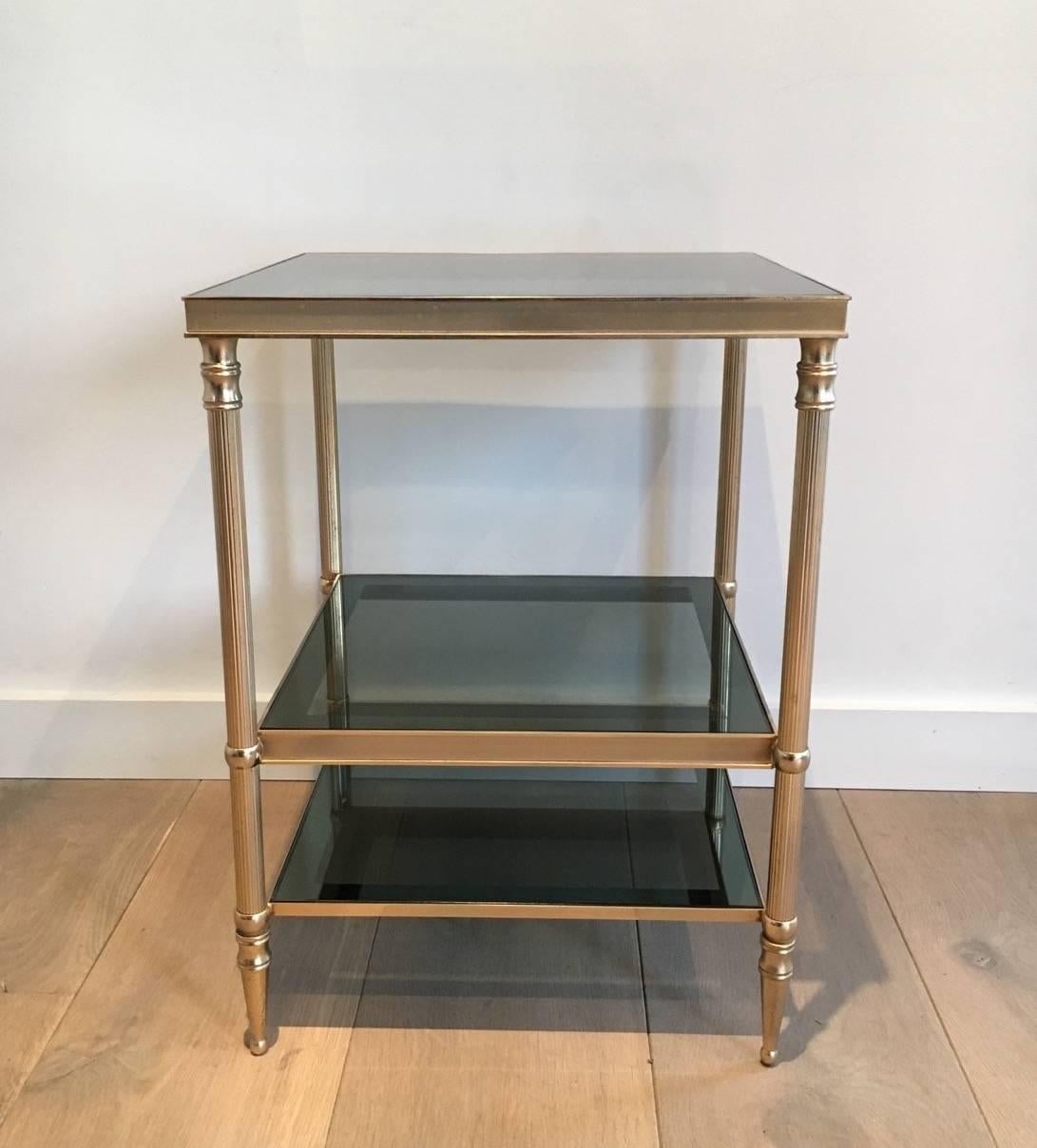 Mid-Century Modern Pair of Jensen Style French Brass and Grey Glass End Tables