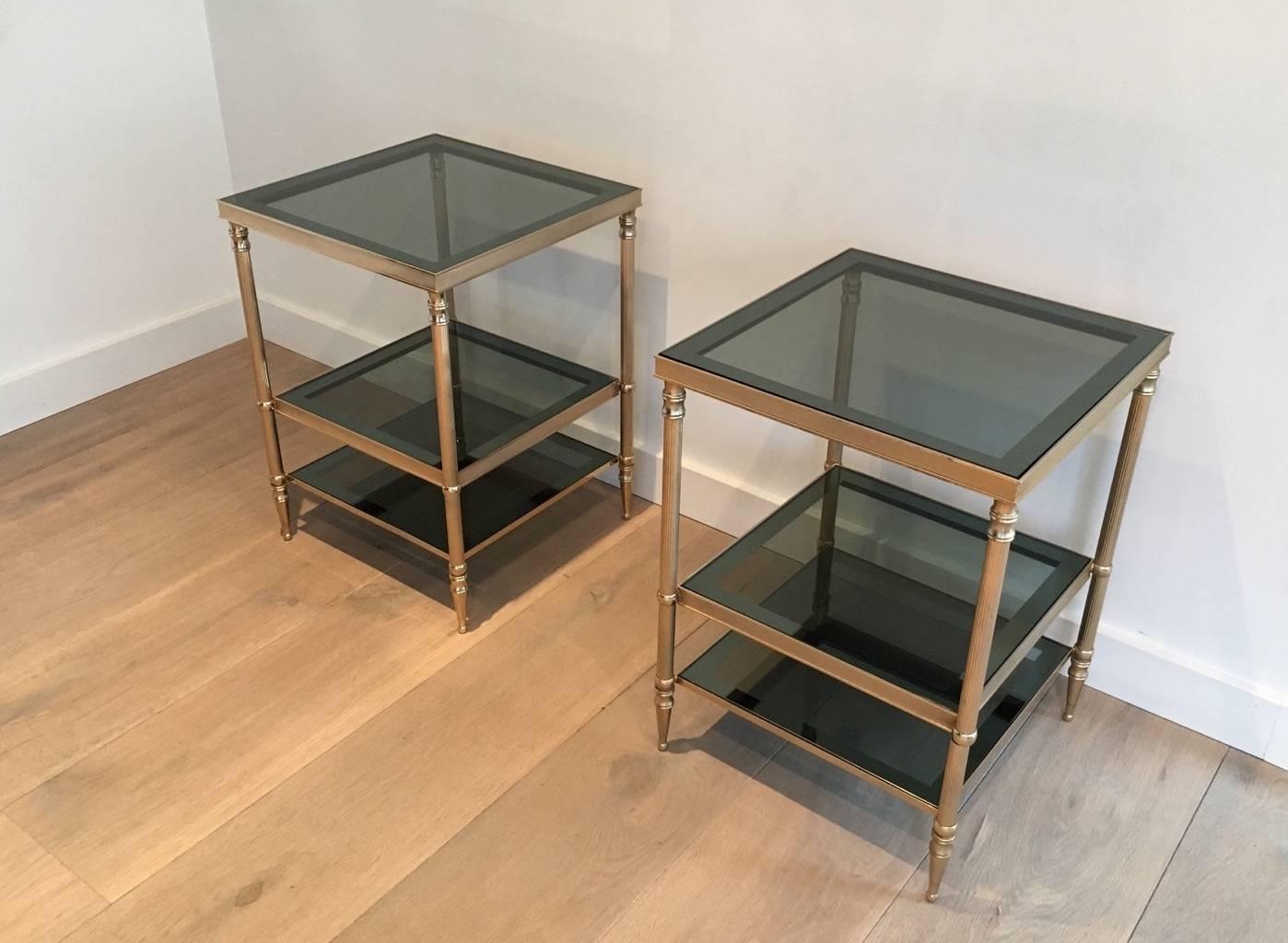 Pair of Jensen Style French Brass and Grey Glass End Tables In Good Condition In Buchanan, NY