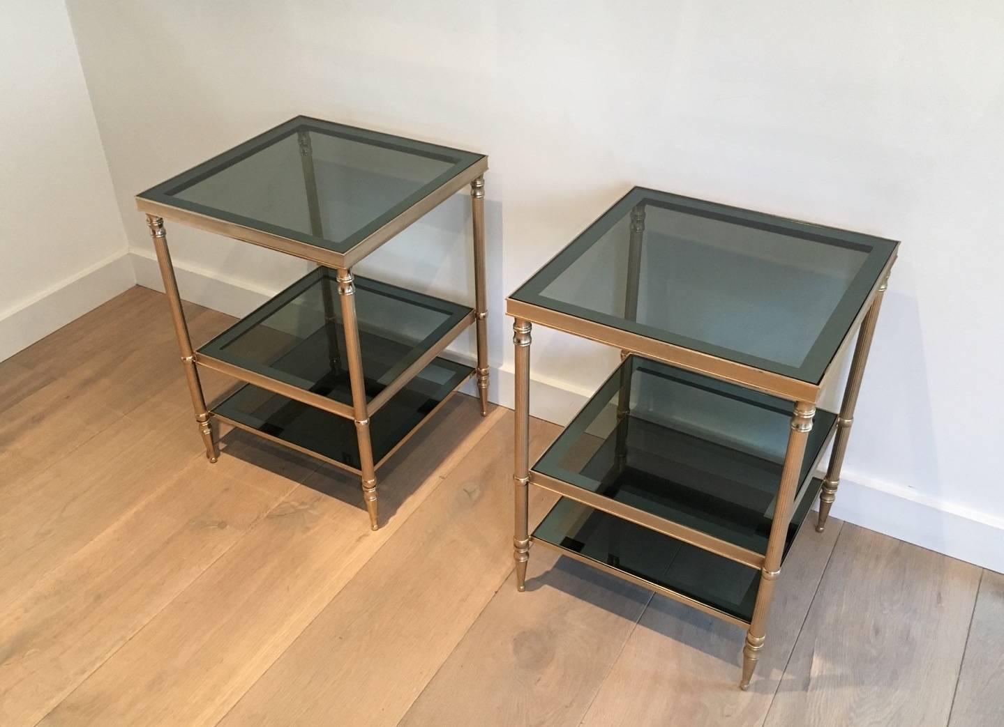 Pair of Jensen Style French Brass and Grey Glass End Tables 2