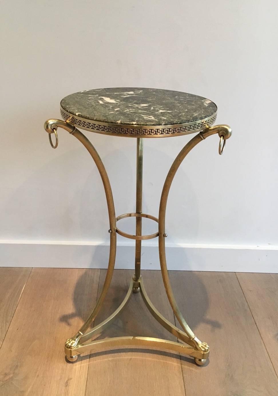 French Small Neoclassical Brass Gueridon with Green Marble Top by Maison Charles 