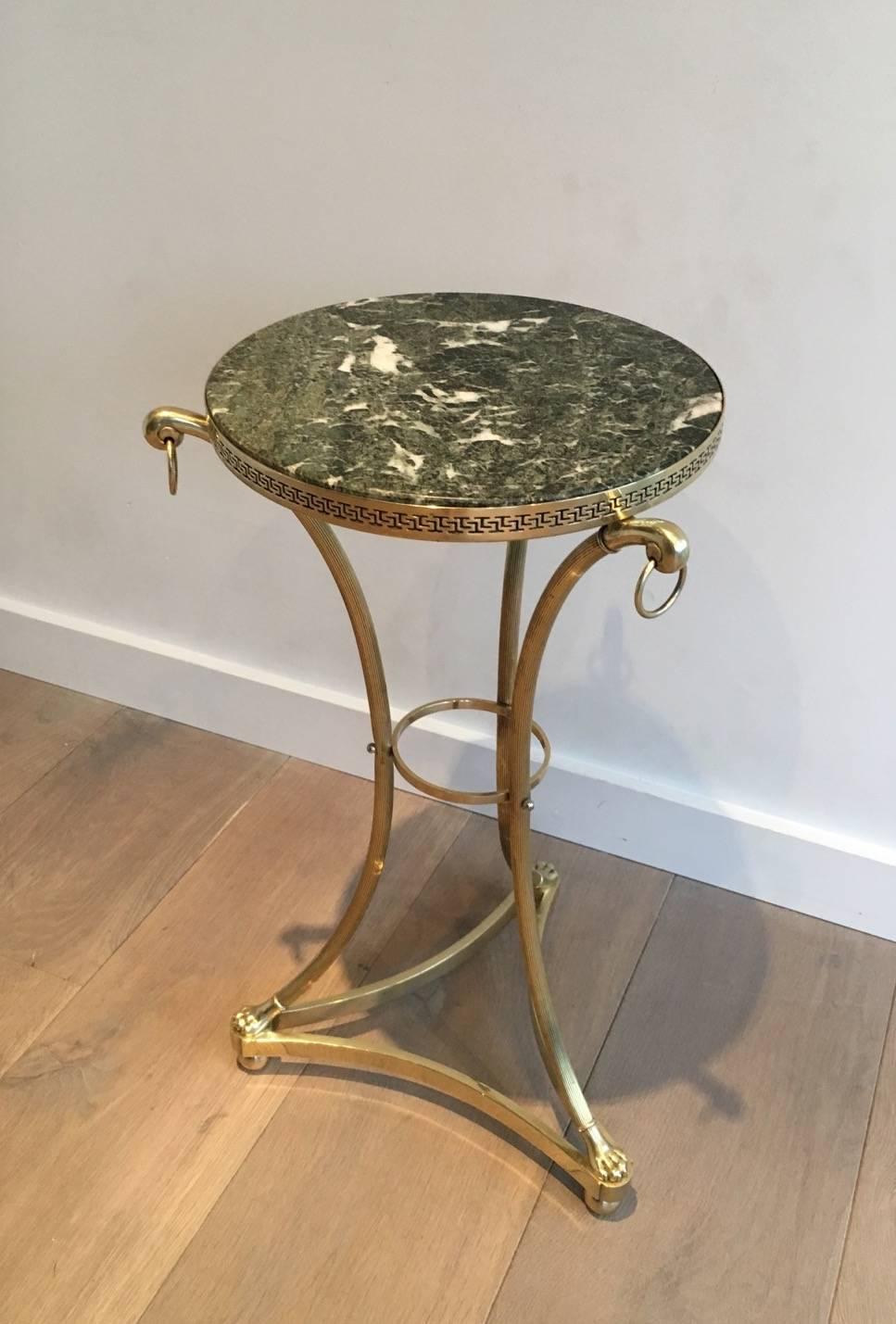 Small Neoclassical Brass Gueridon with Green Marble Top by Maison Charles  In Excellent Condition In Buchanan, NY