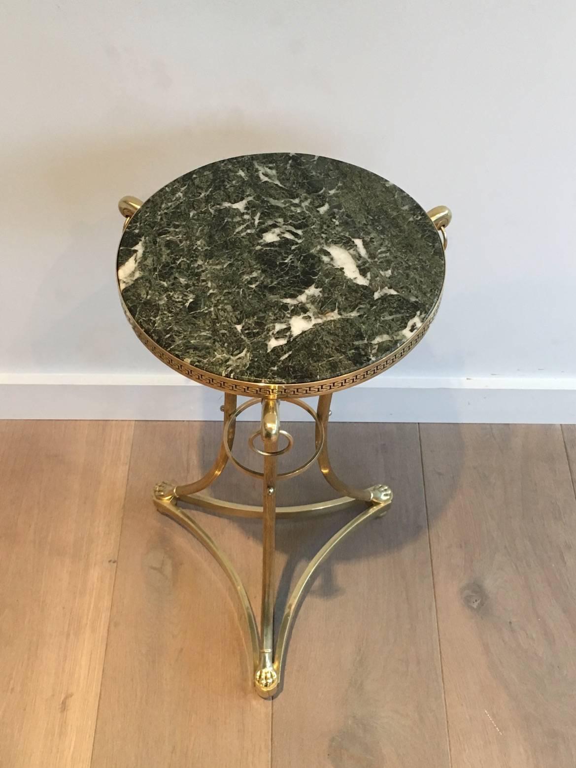 Early 20th Century Small Neoclassical Brass Gueridon with Green Marble Top by Maison Charles 