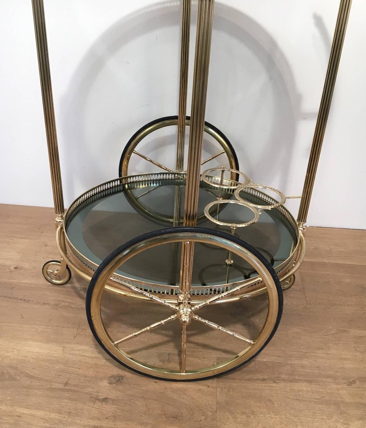 Neoclassical Style Round Brass Bar Cart with Blue Glass Attributed to Jansen 1