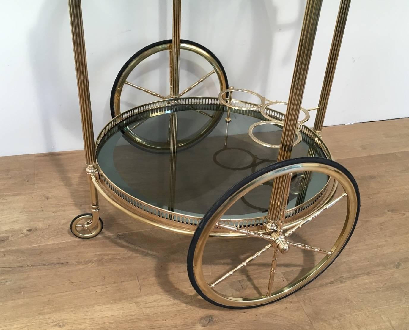 Neoclassical Style Round Brass Bar Cart with Blue Glass Attributed to Jansen 2