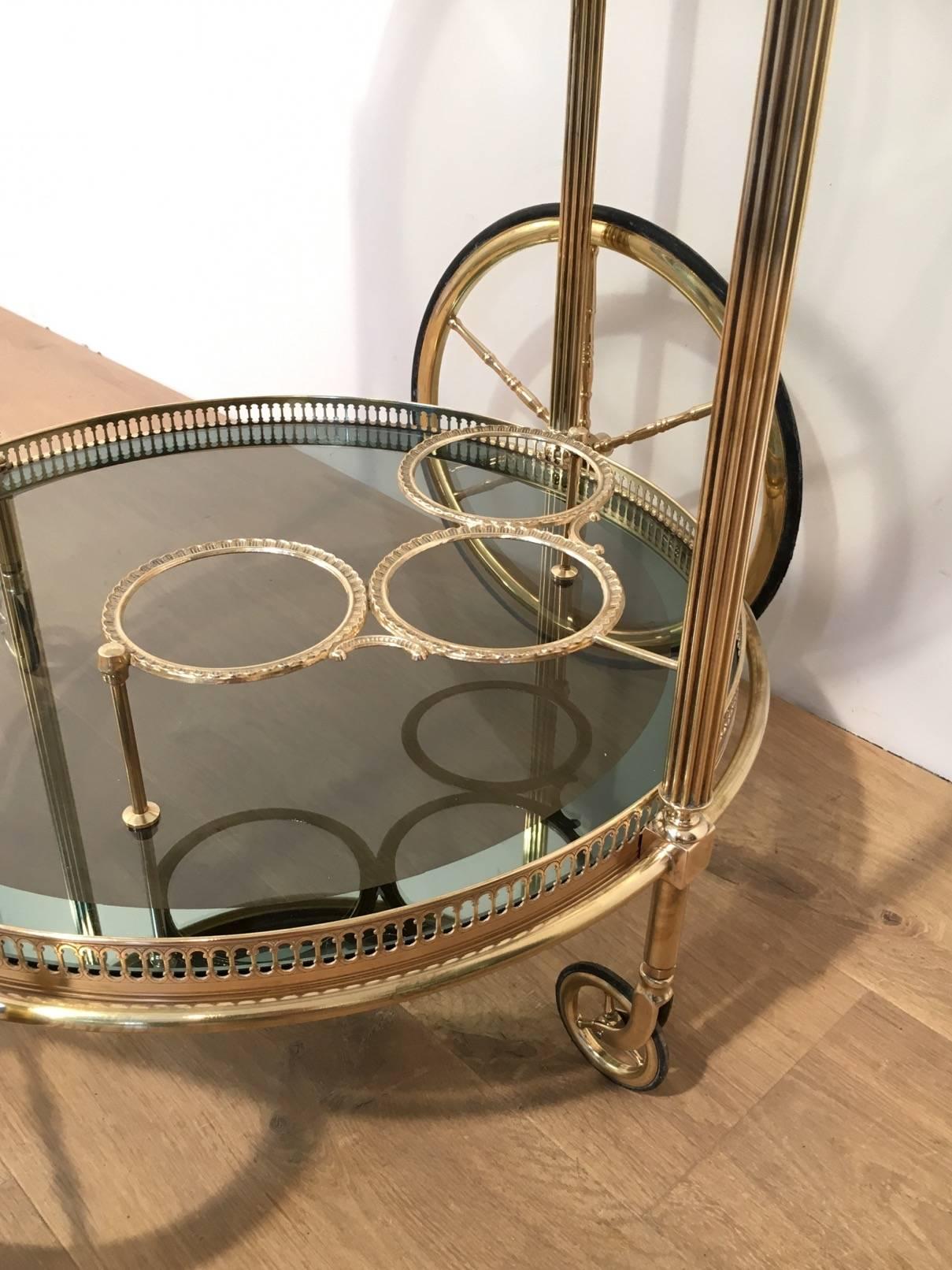 Neoclassical Style Round Brass Bar Cart with Blue Glass Attributed to Jansen 3