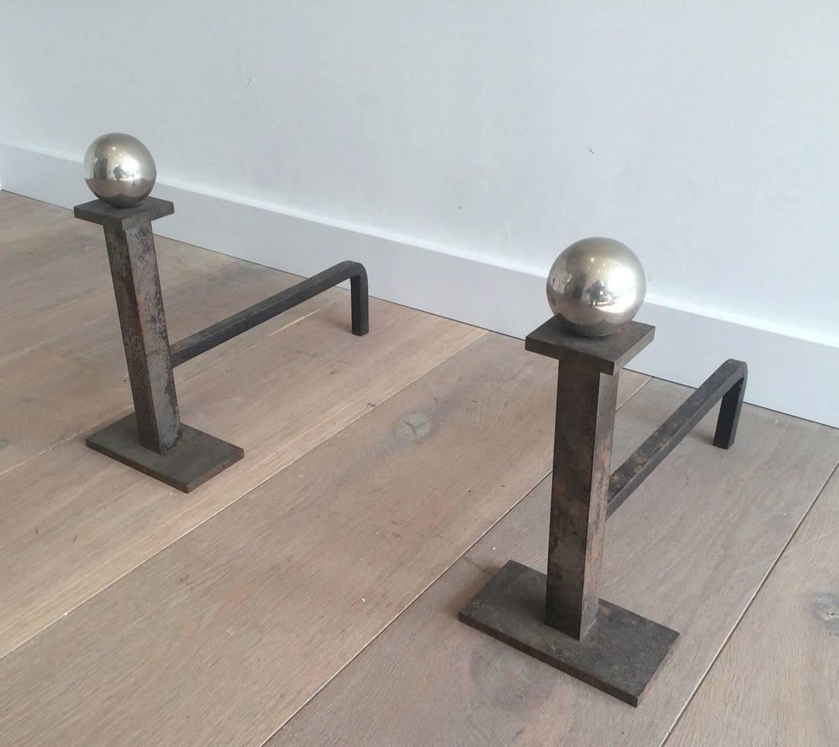 Art Deco Pair of Brushed Steel and Chrome Andirons Attributed to Jacques Adnet