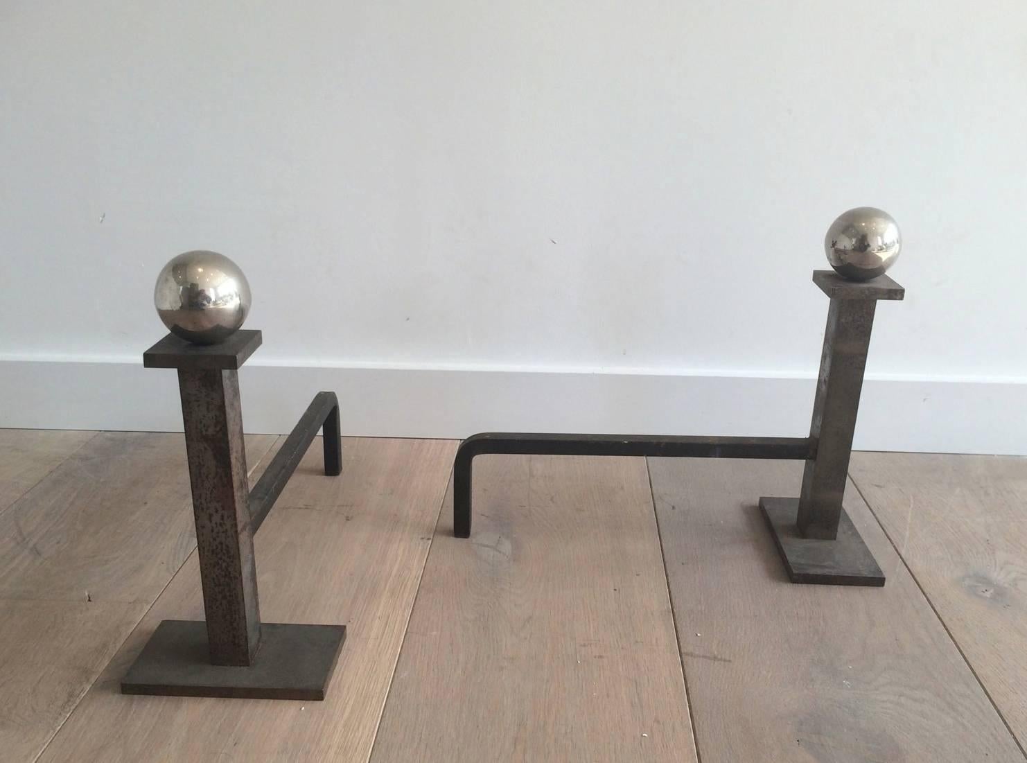 Pair of Brushed Steel and Chrome Andirons Attributed to Jacques Adnet In Good Condition In Buchanan, NY