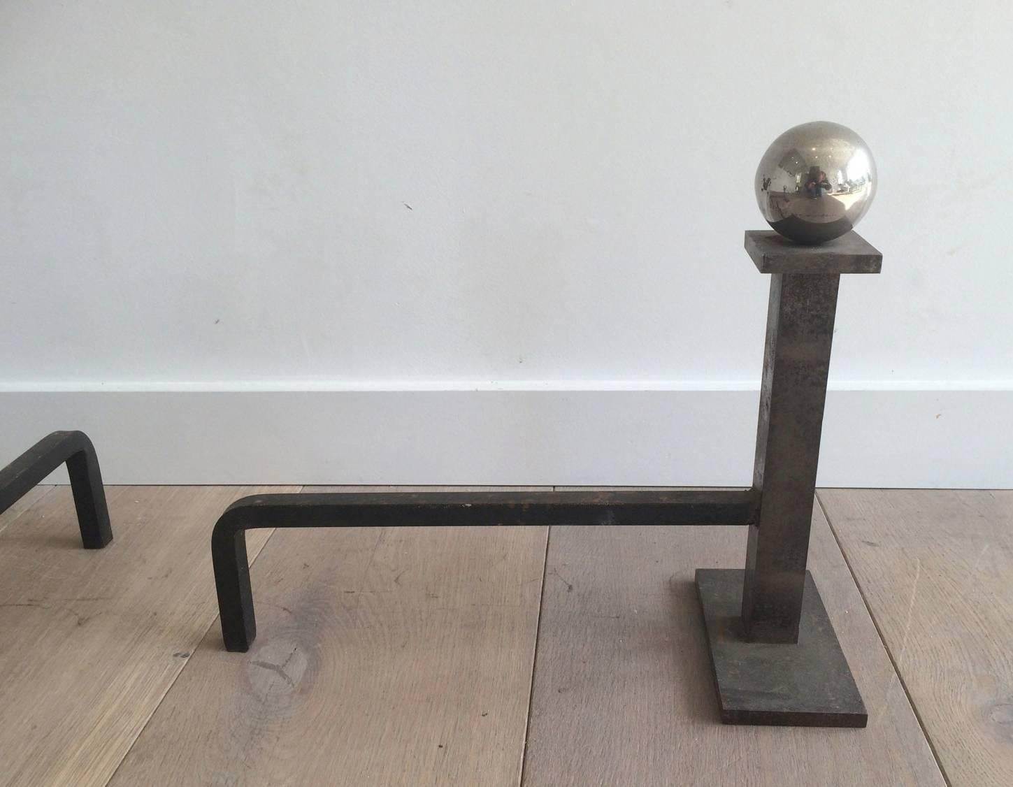 Pair of Brushed Steel and Chrome Andirons Attributed to Jacques Adnet 1