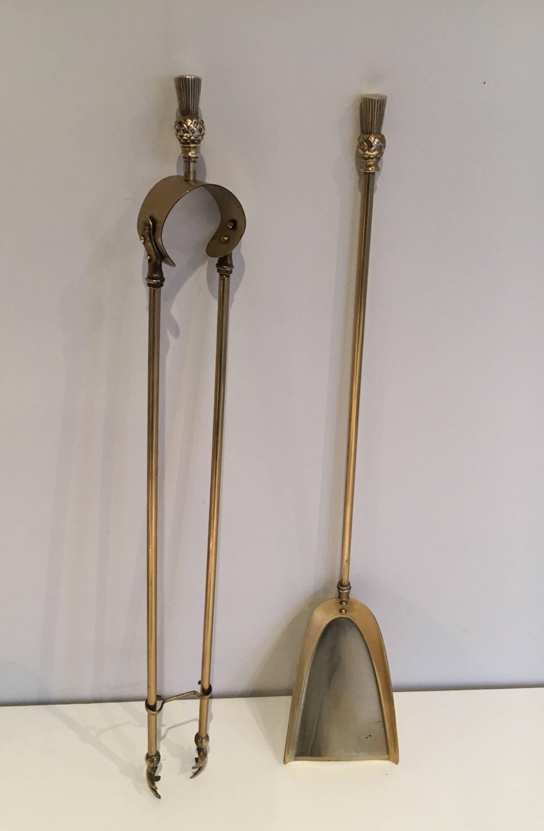 Mid-20th Century 1960s French Brass Fire Place Tools