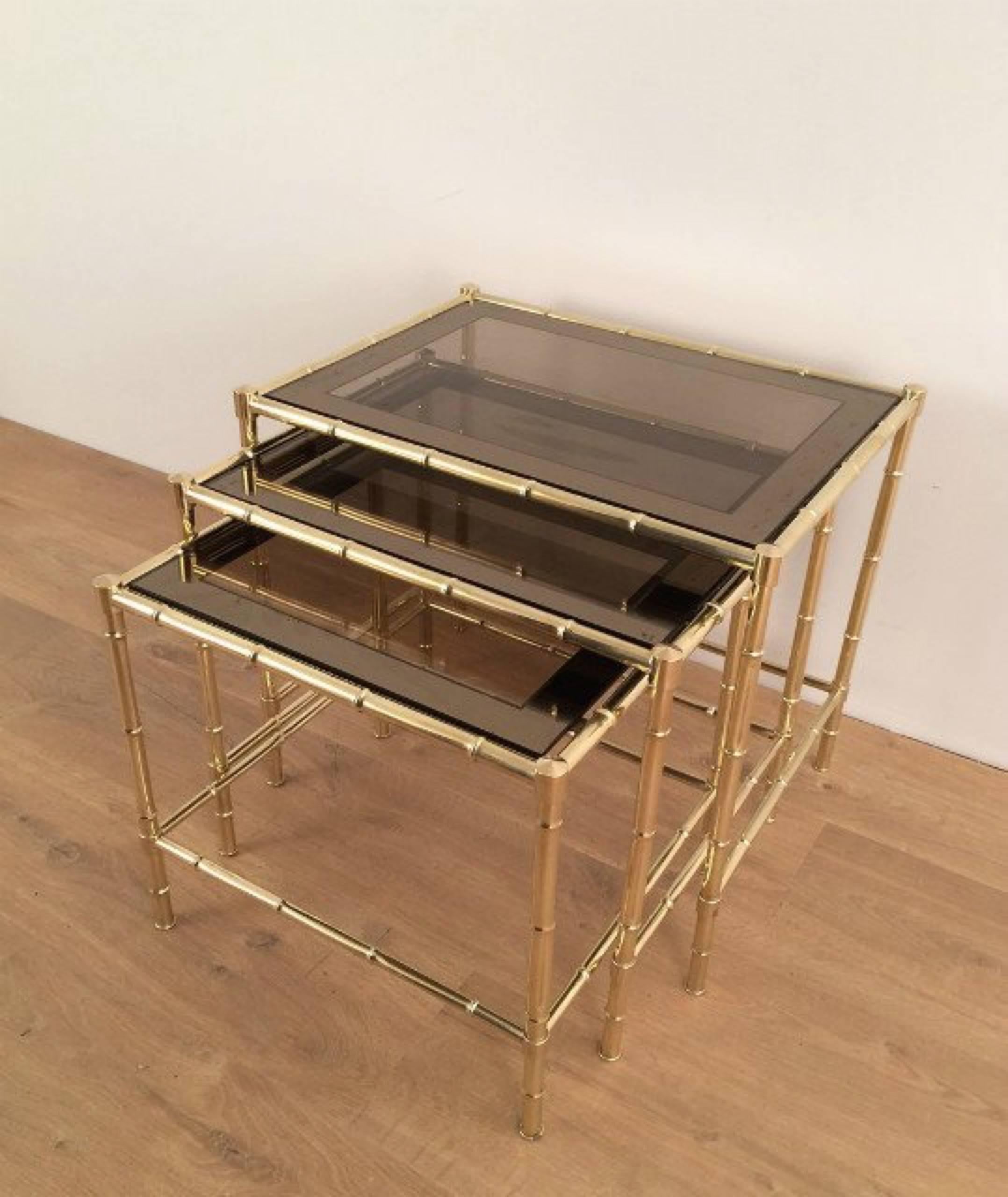 French Set of Three Faux-Bamboo Brass Nesting Tables in the Style of Jacques Adnet