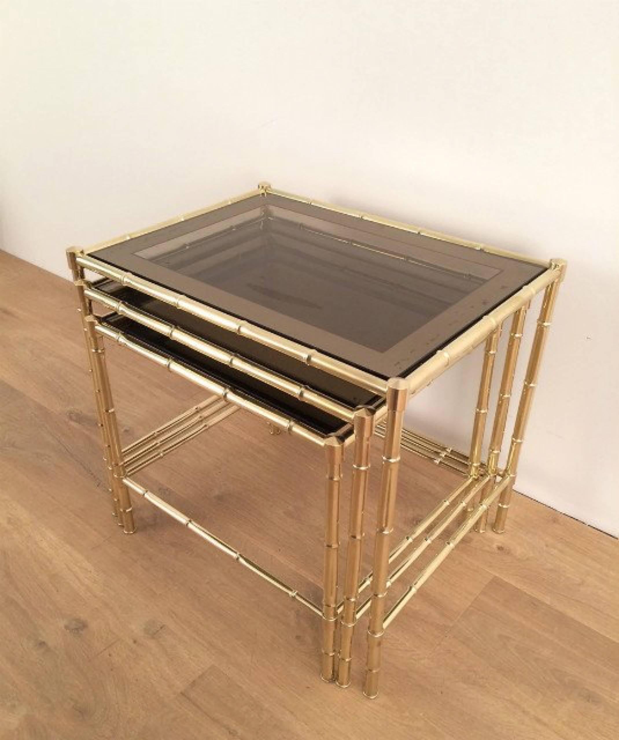 Set of Three Faux-Bamboo Brass Nesting Tables in the Style of Jacques Adnet In Good Condition In Buchanan, NY