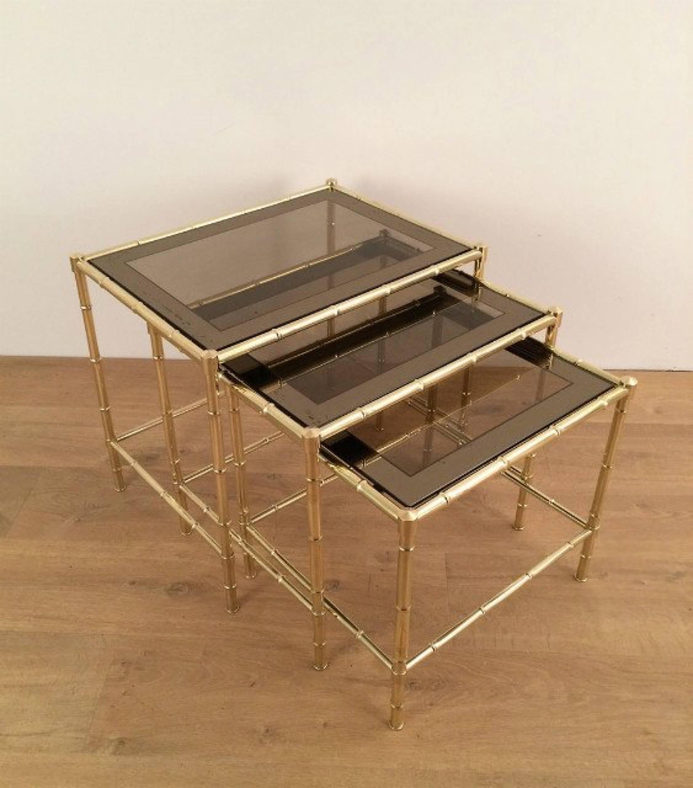 Mid-20th Century Set of Three Faux-Bamboo Brass Nesting Tables in the Style of Jacques Adnet