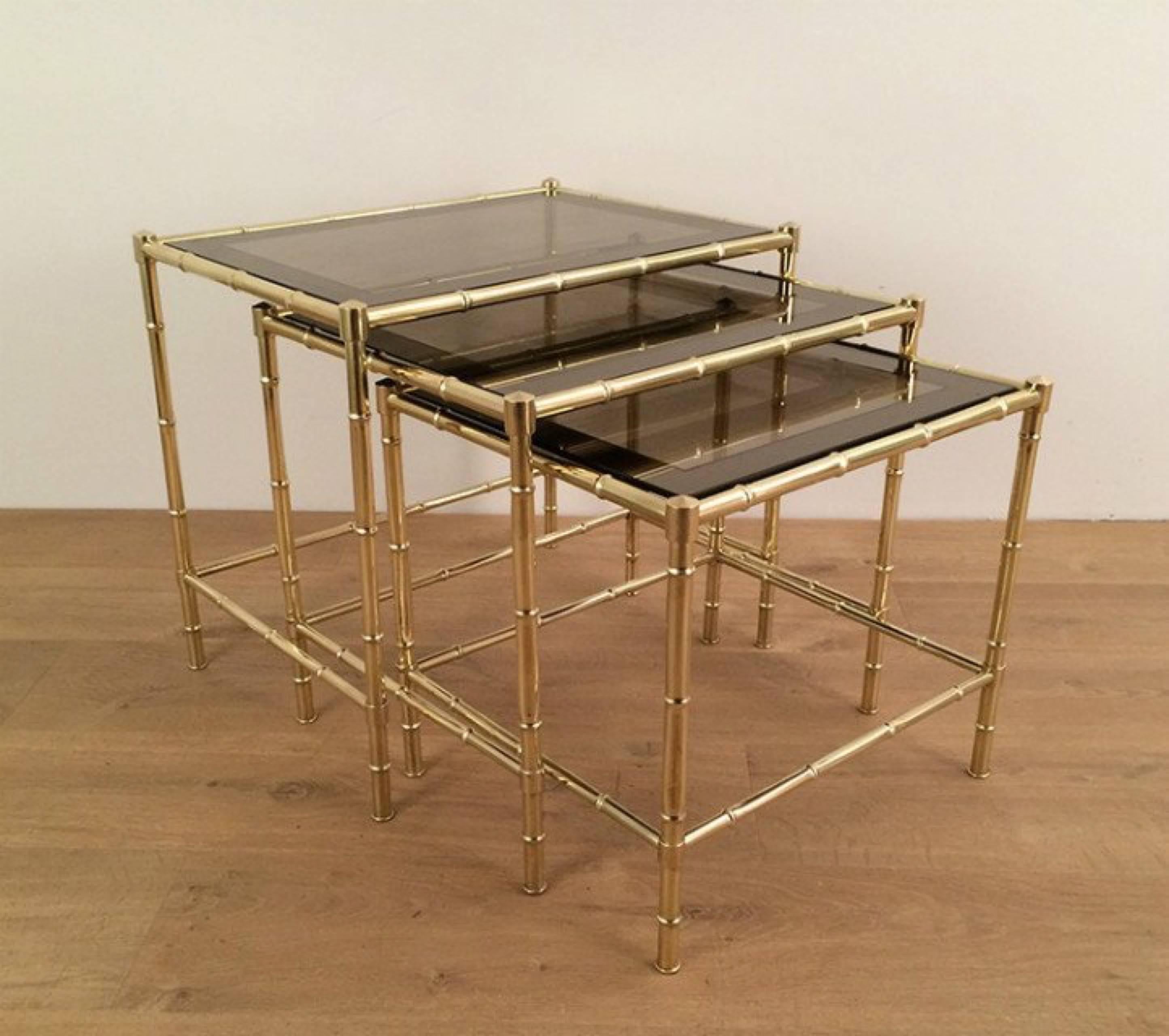 Set of Three Faux-Bamboo Brass Nesting Tables in the Style of Jacques Adnet 1