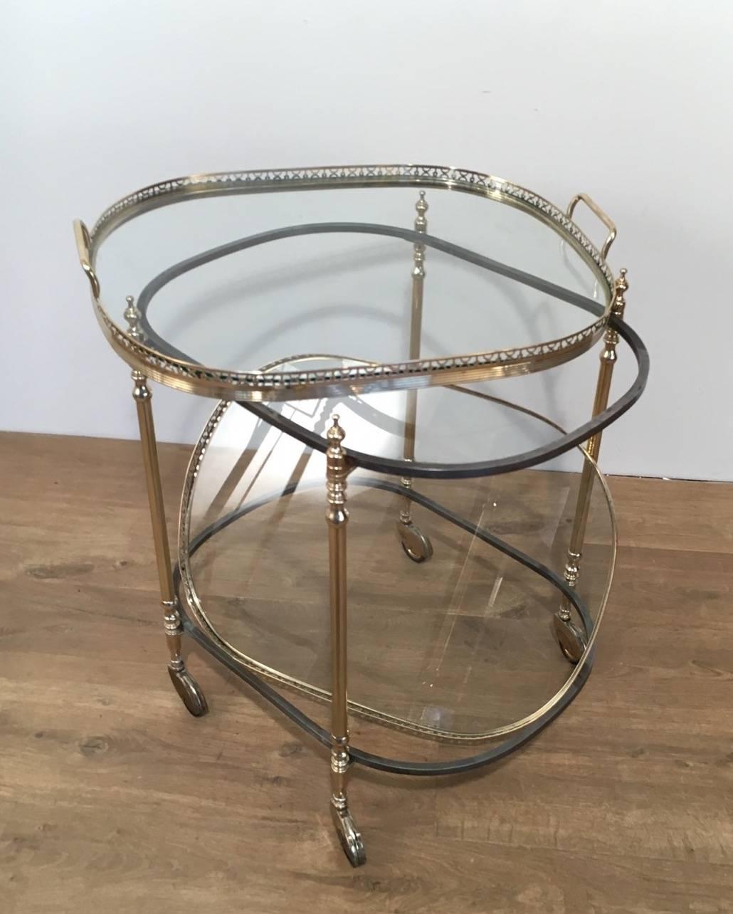 French Oval Brass and Steel Bar Cart In Excellent Condition In Buchanan, NY