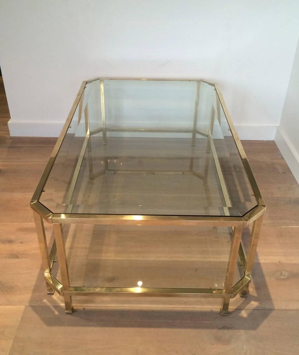 Mid-Century Modern Large Octagonal Brass Two Tiered Coffee Table