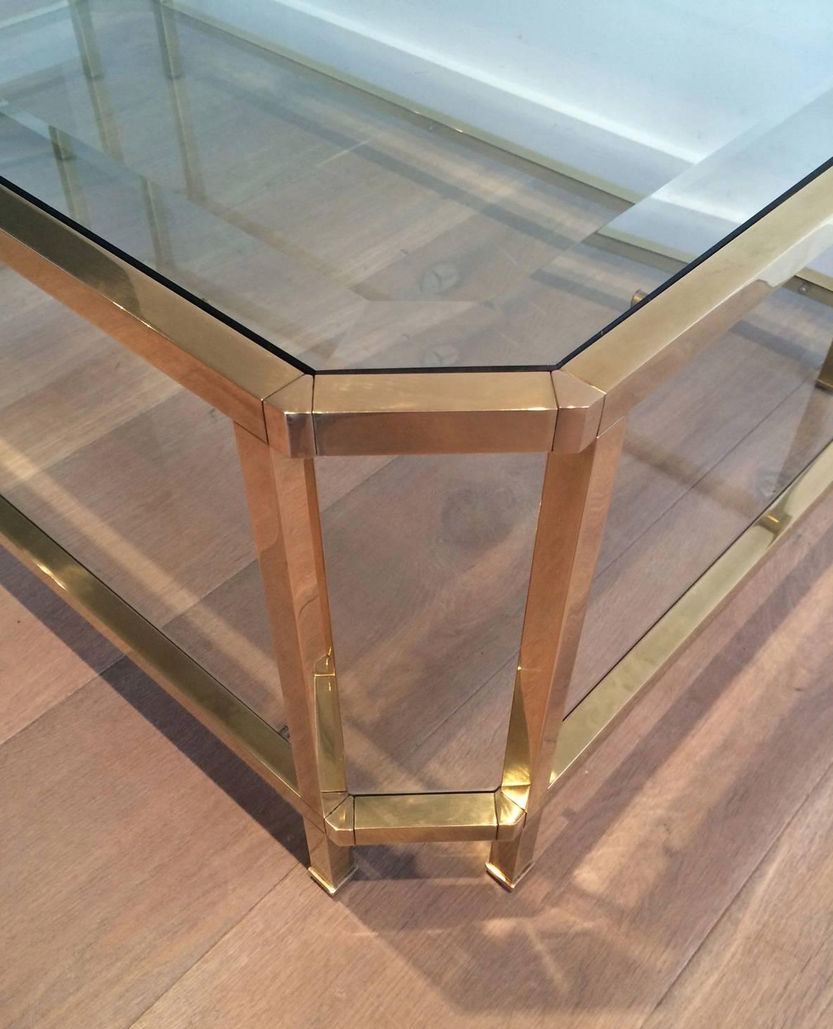 Large Octagonal Brass Two Tiered Coffee Table In Good Condition In Buchanan, NY