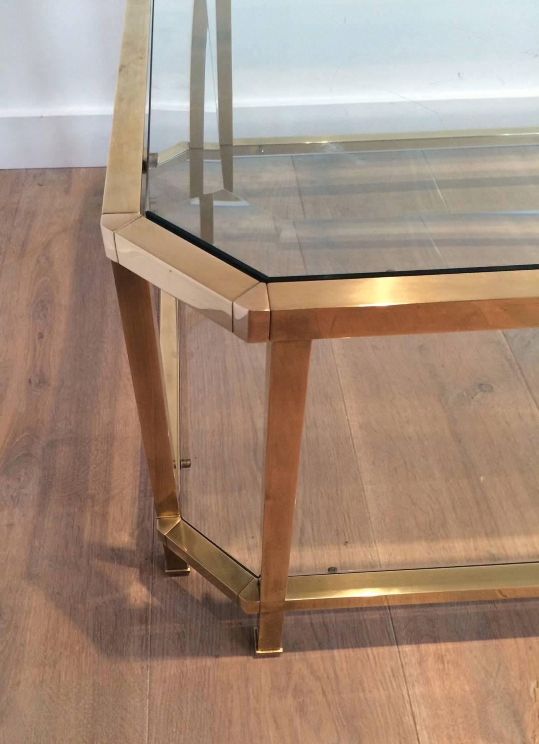 Mid-20th Century Large Octagonal Brass Two Tiered Coffee Table