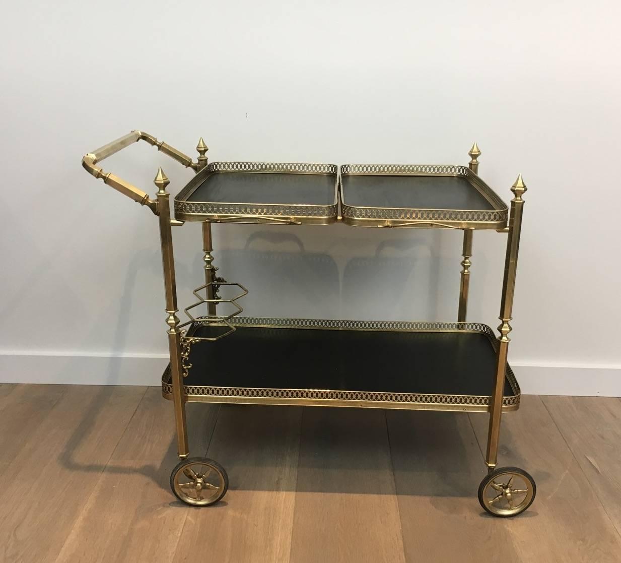 Painted Neoclassical Brass Bar Cart with Two Removable Black Wooden Trays, circa 1940