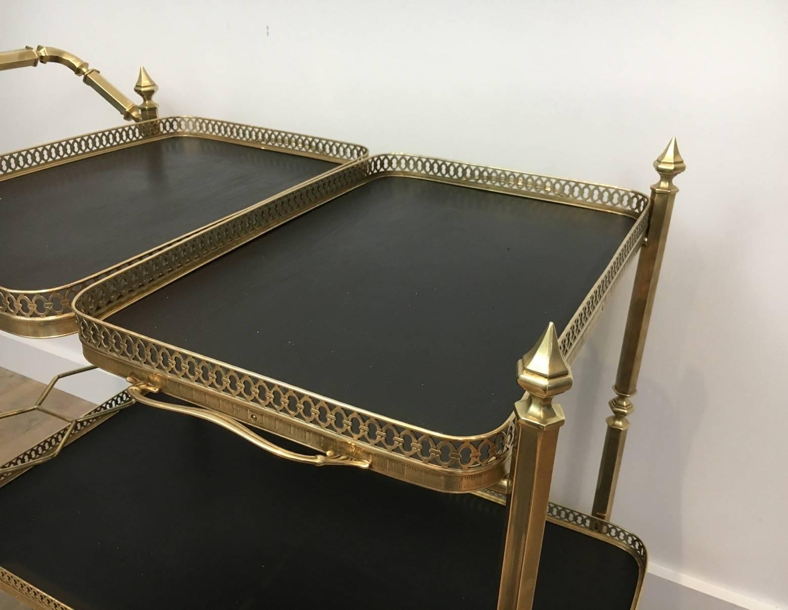 Neoclassical Brass Bar Cart with Two Removable Black Wooden Trays, circa 1940 1